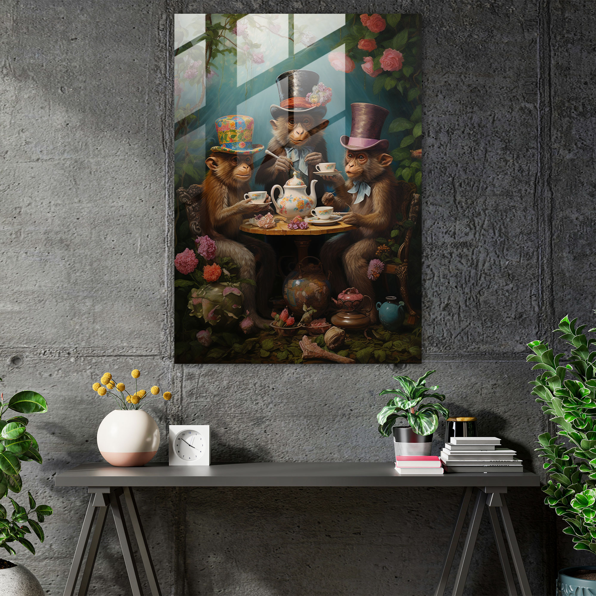 Animals Dressed Like Humans Glass Print - Animals Dressed Like Humans, Elegant Victorian Attire, Modern Art, Tea Party