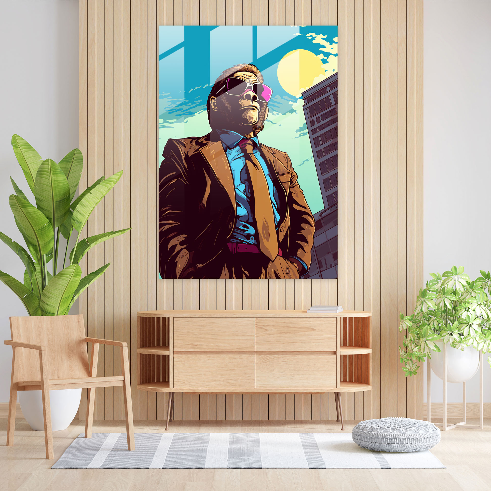 Animals Dressed Like Humans - City Monkey Glass Print - Animals Dressed Like Humans, Glass Wall Art, Glass Print, Pop Art Style