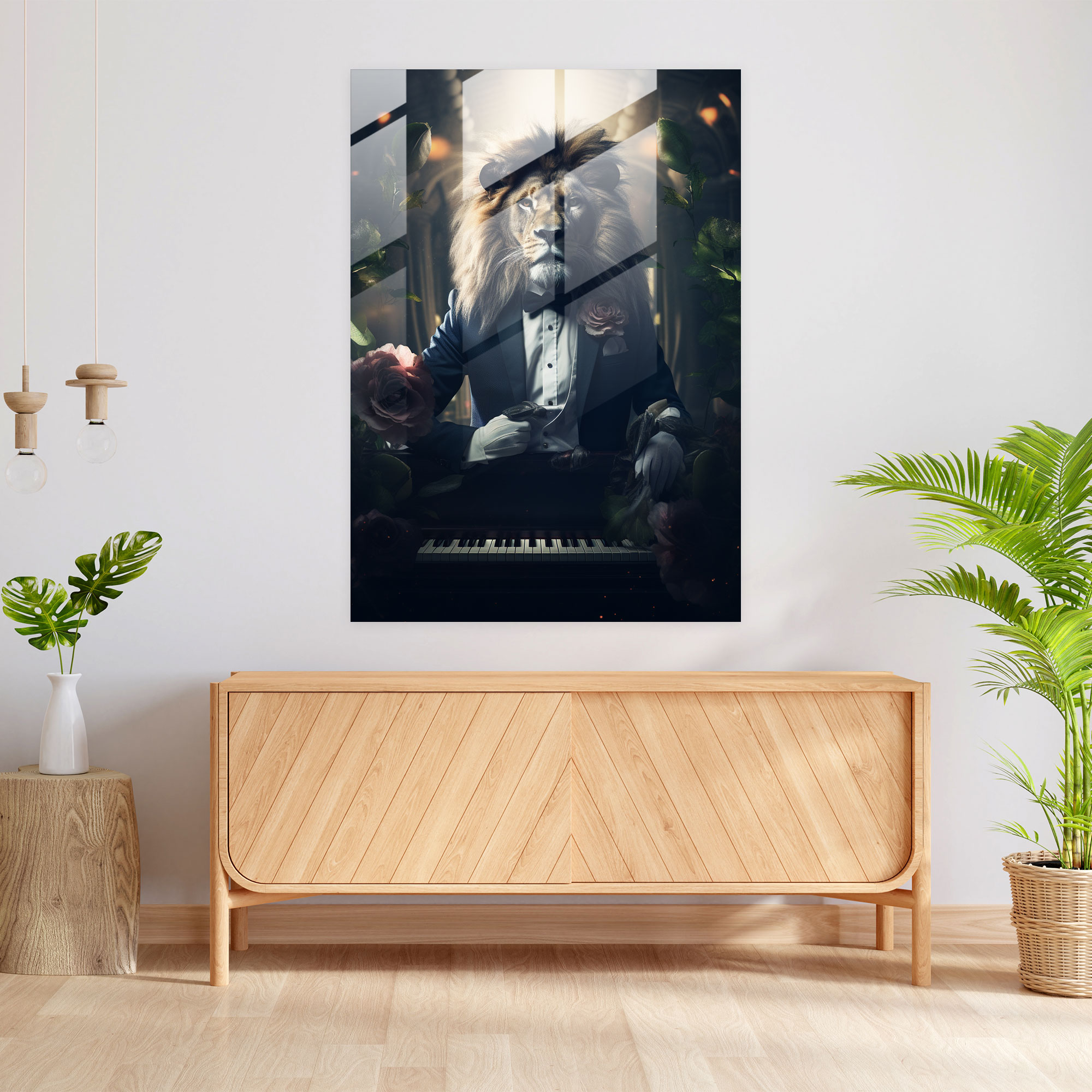 İnsan Kıyafetlerine Giyinmiş Hayvanlar - Müzikal Aslan Cam Tablo - Modern Sanat Müzik Kanvas Tablo