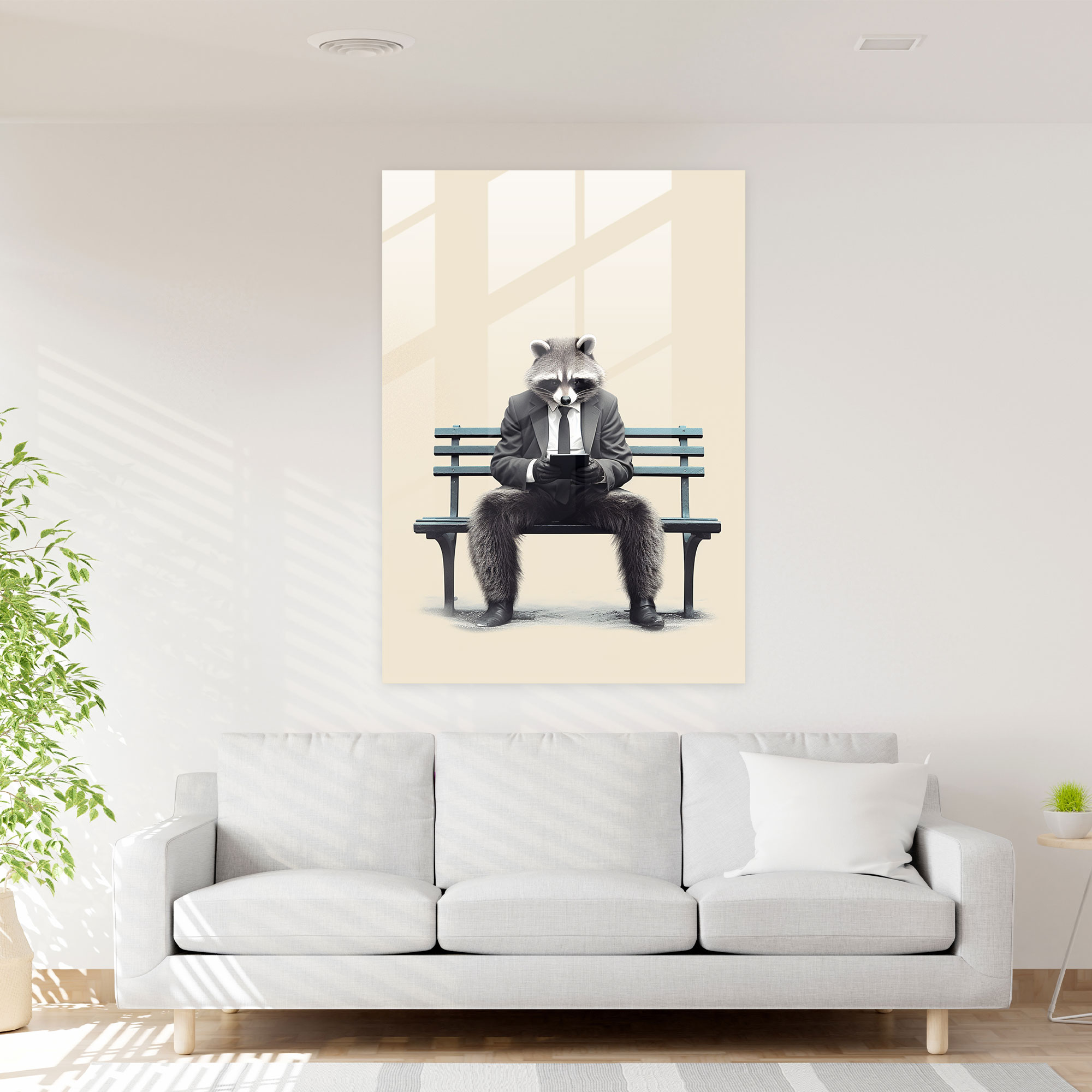 Hayvanlar İnsanlar Gibi Giyinmiş - Park Rakunu Cam Tablo - Hayvanlar İnsanlar Gibi Giyinmiş Duvar Dekorasyonu Minimalist Tasarım Cam Duvar Sanatı