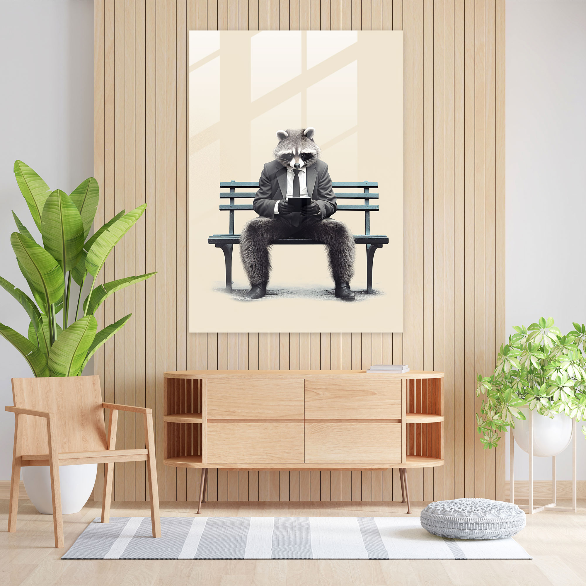 Hayvanlar İnsanlar Gibi Giyinmiş - Park Rakunu Cam Tablo - Hayvanlar İnsanlar Gibi Giyinmiş Duvar Dekorasyonu Minimalist Tasarım Cam Duvar Sanatı