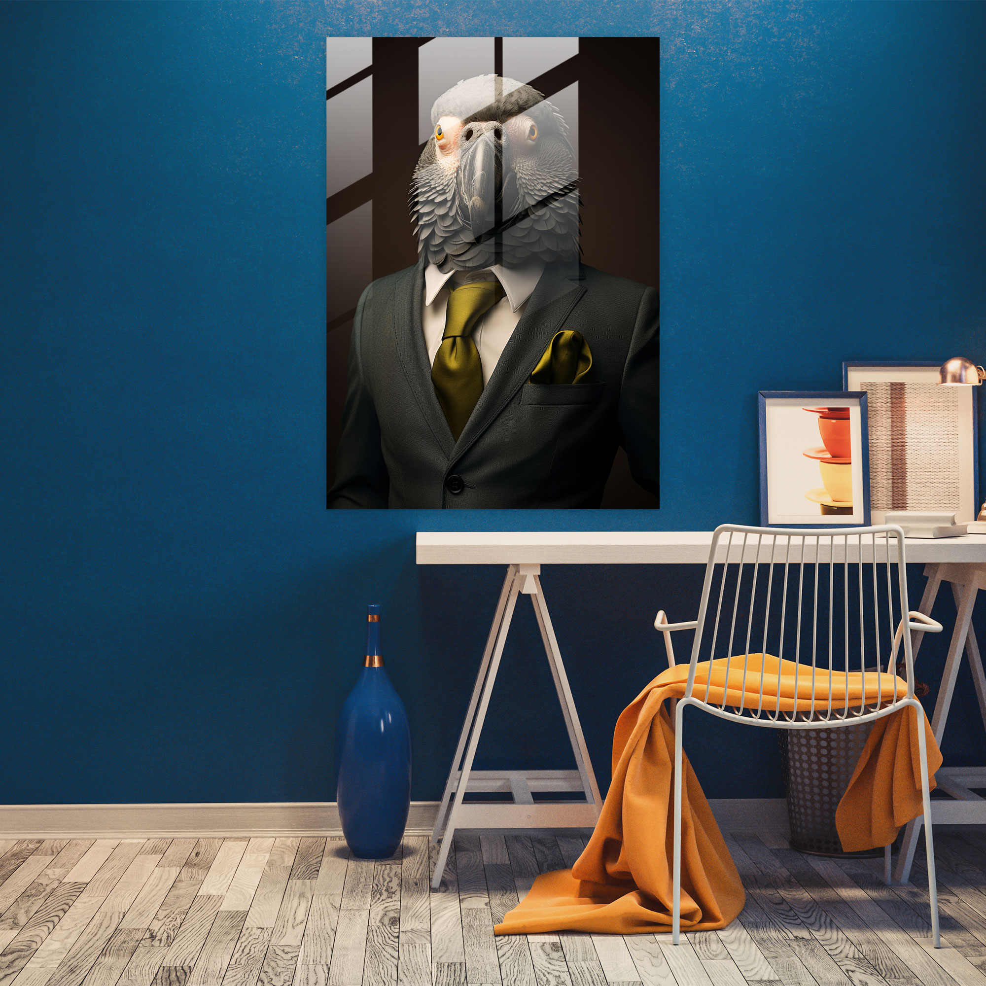 Animals Dressed Like Humans - Confident Parrot Glass Print - Animals Dressed Like Humans, Confidently, Home Decoration, Modern Art