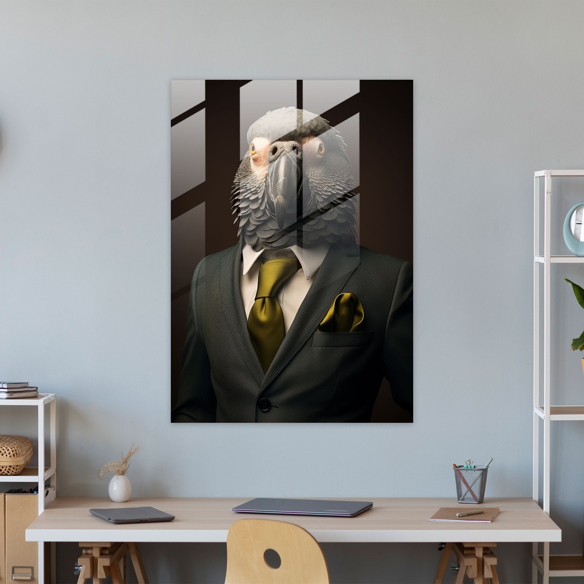 Animals Dressed Like Humans - Confident Parrot Glass Print - Animals Dressed Like Humans, Confidently, Home Decoration, Modern Art