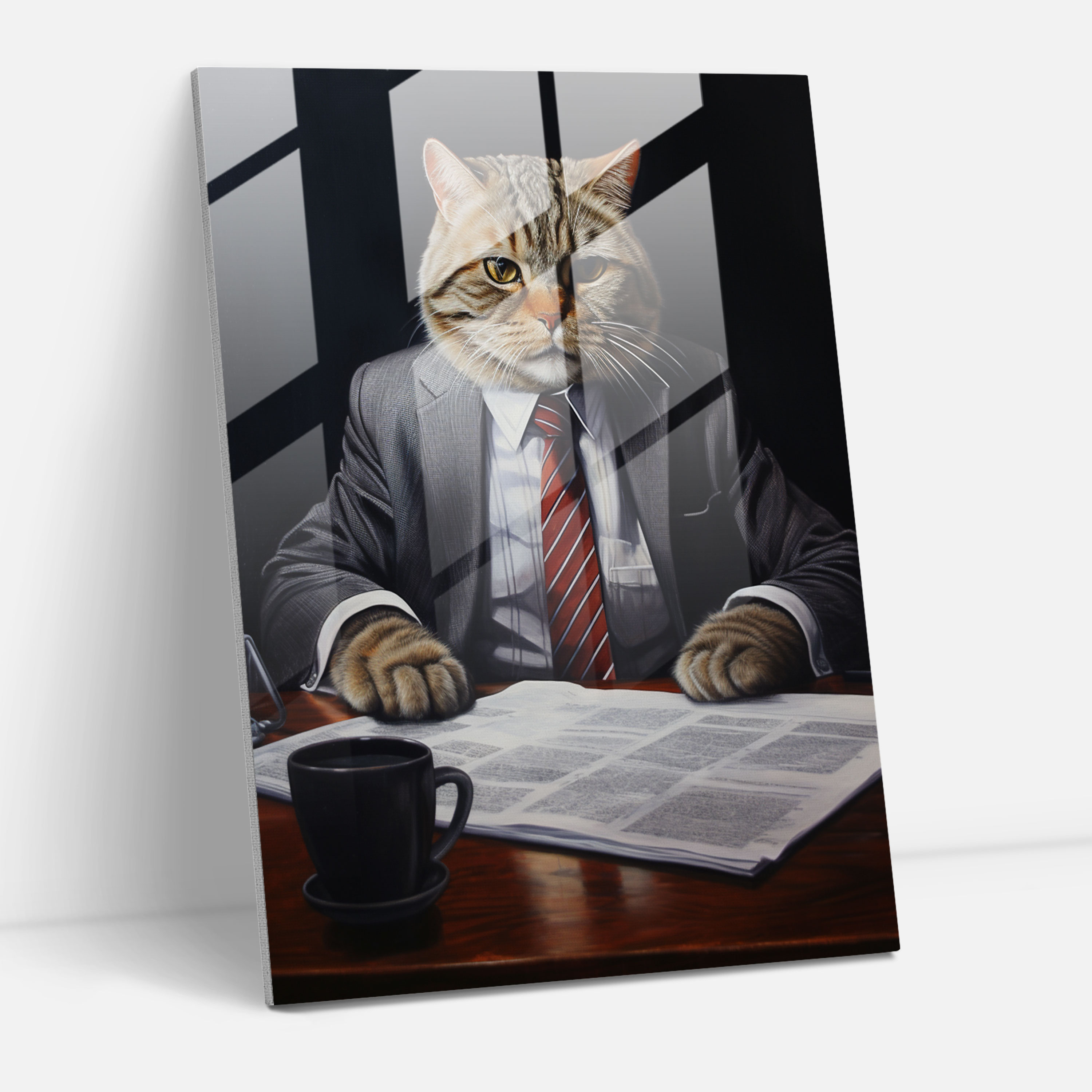 Animals Dressed Like Humans Glass Print - Animals Dressed Like Humans, Realistic Oil Painting, Corporate Office Setting, Modern Art