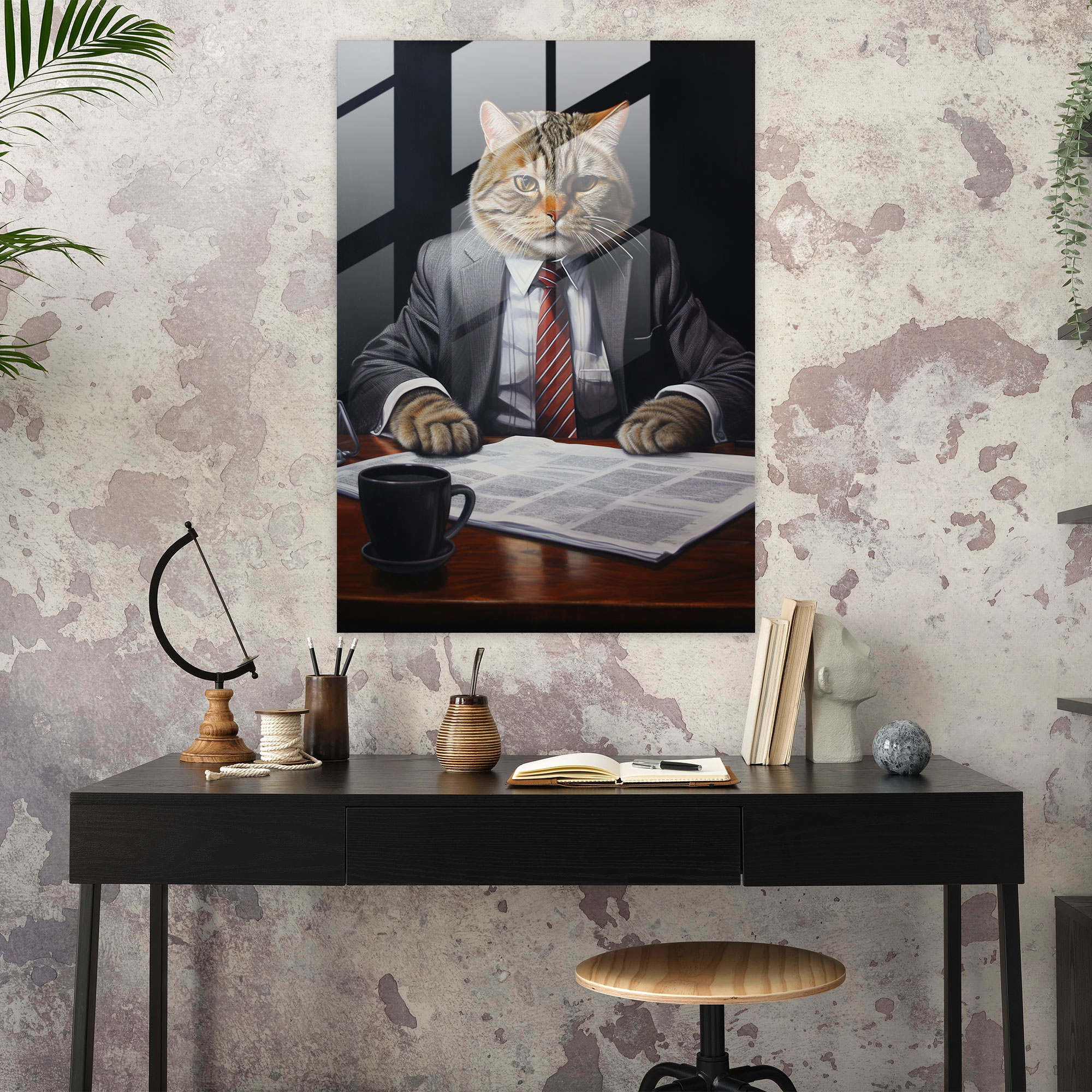 Animals Dressed Like Humans Glass Print - Animals Dressed Like Humans, Realistic Oil Painting, Corporate Office Setting, Modern Art