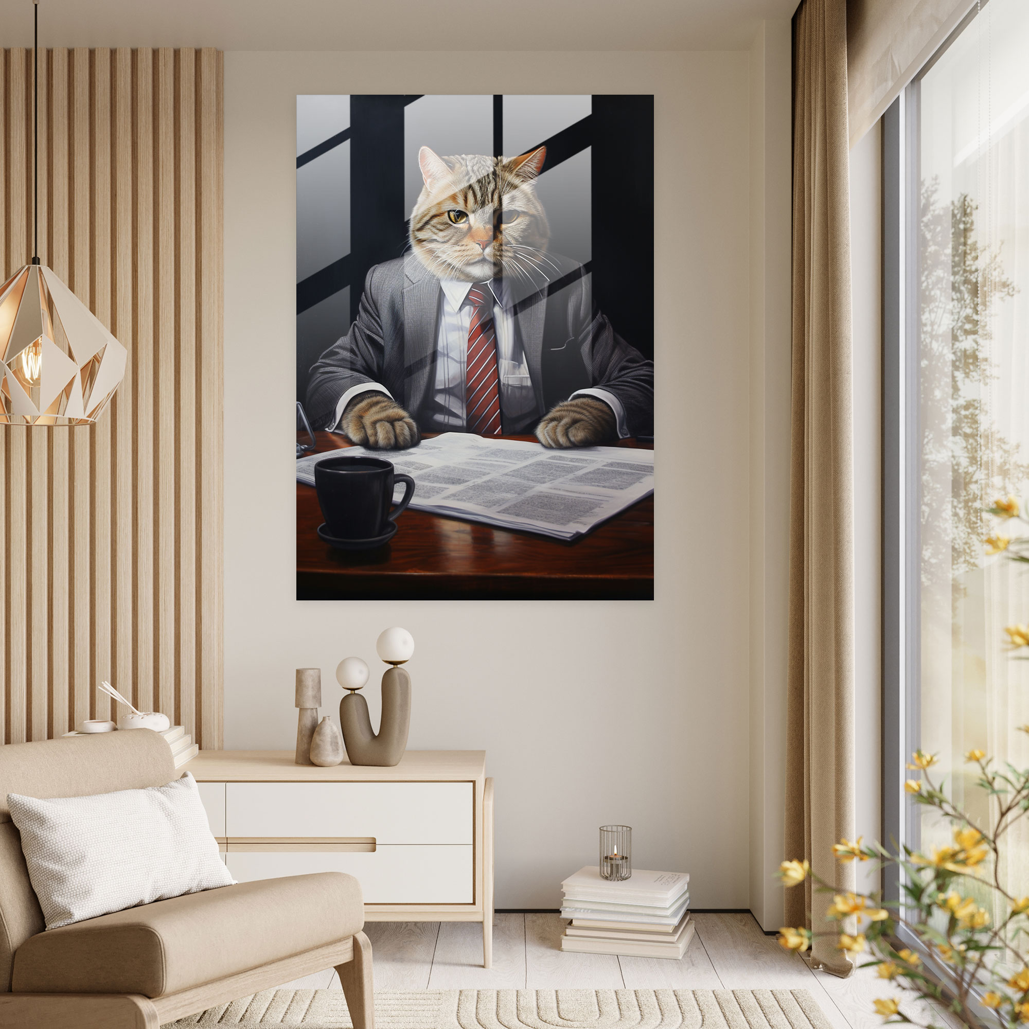 Animals Dressed Like Humans Glass Print - Animals Dressed Like Humans, Realistic Oil Painting, Corporate Office Setting, Modern Art