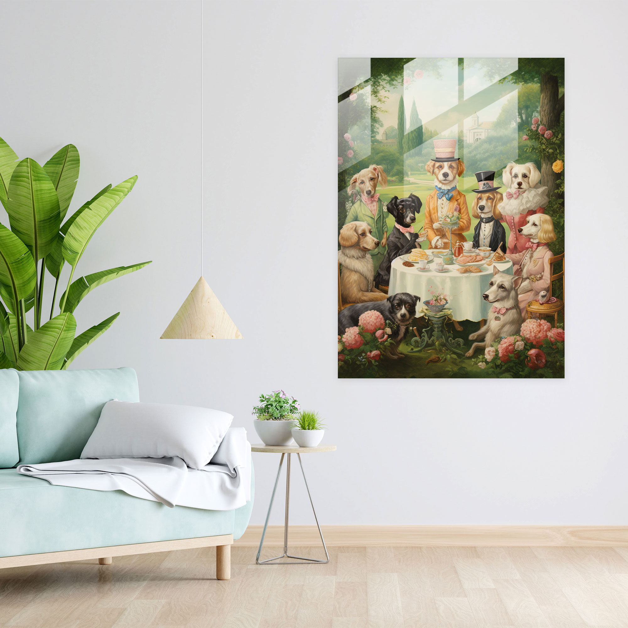 Dogs Dressed Like Humans Glass Print - Animals Dressed Like Humans, Wall Decoration, Animals Dressed Like Humans, Tea Party