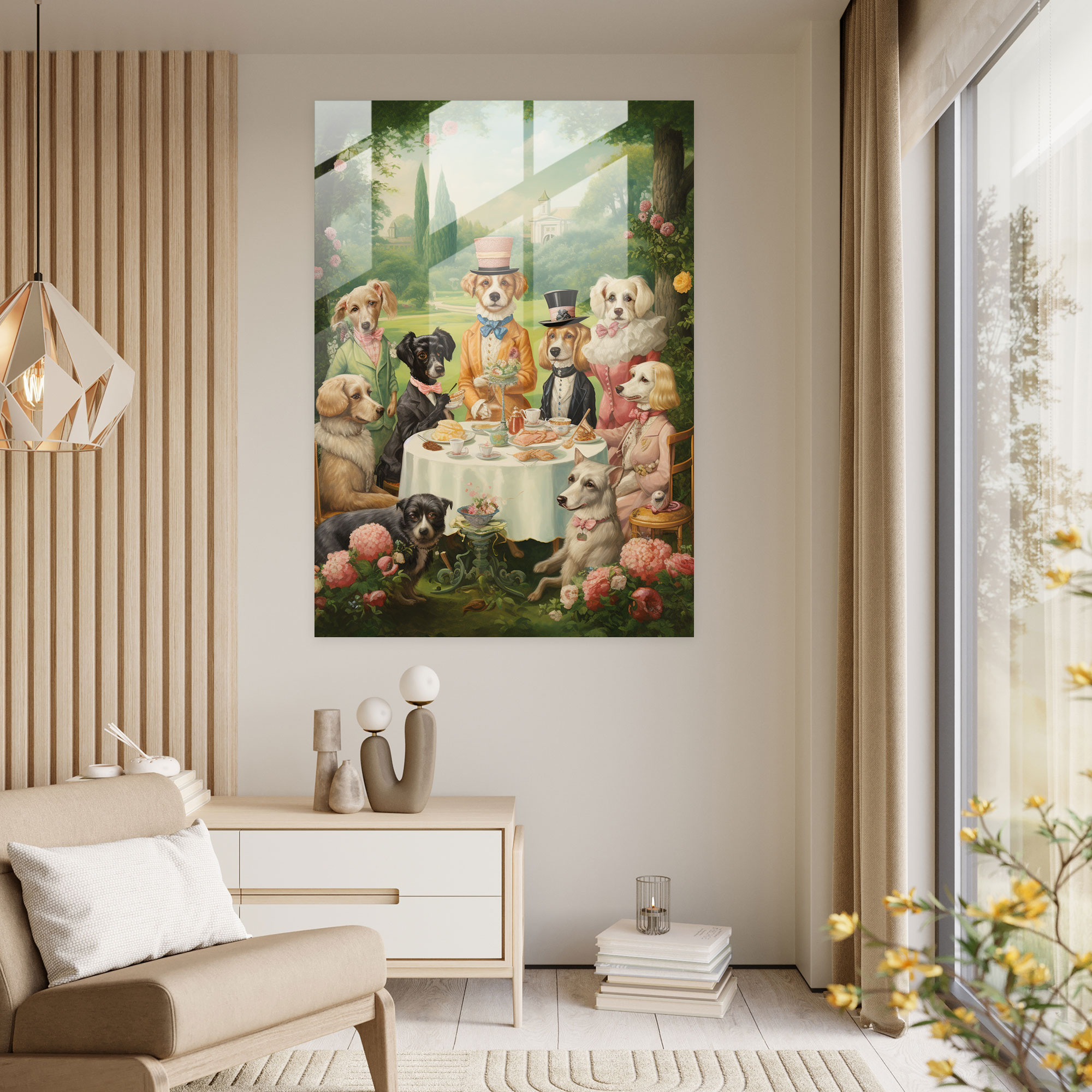 Dogs Dressed Like Humans Glass Print - Animals Dressed Like Humans, Wall Decoration, Animals Dressed Like Humans, Tea Party