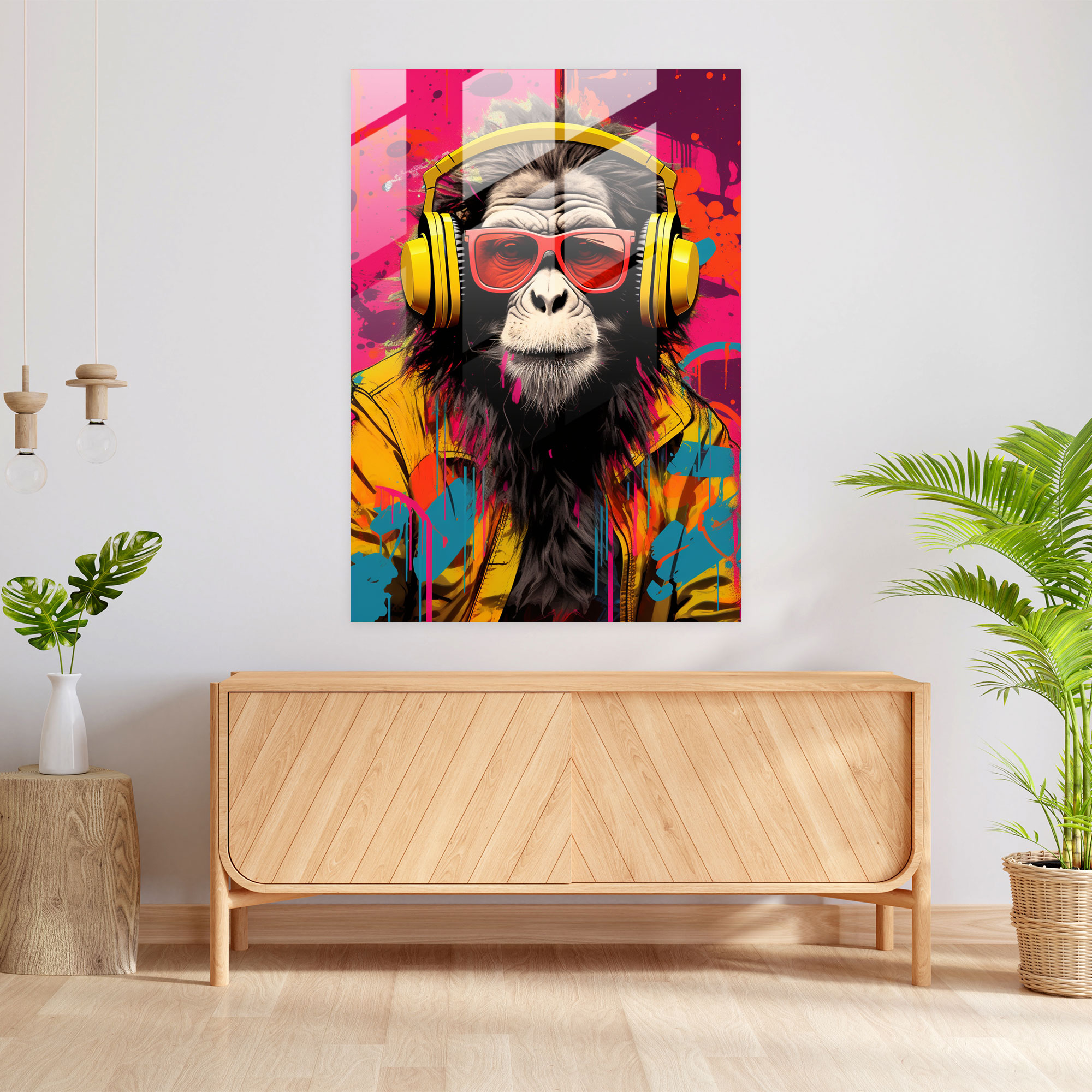Monkey Dressed Like Human Glass Print - Animals Dressed Like Humans, Wall Decoration, Home Decoration, Graffiti Background