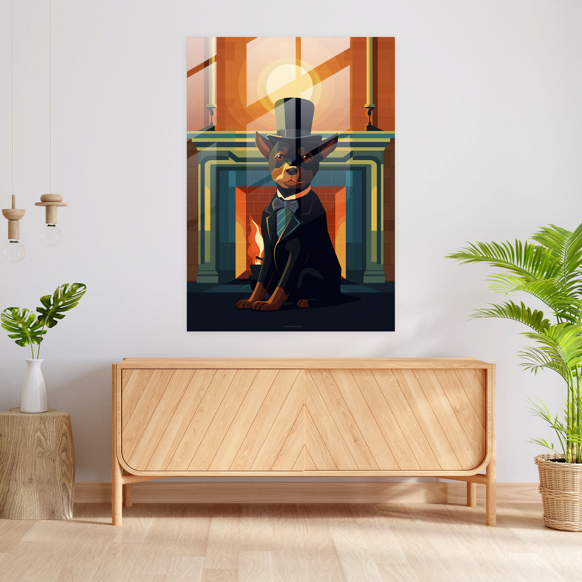 Dog Dressed Like Human Glass Print - Animals Dressed Like Humans, Fireplace, Home Decoration, Modern Art