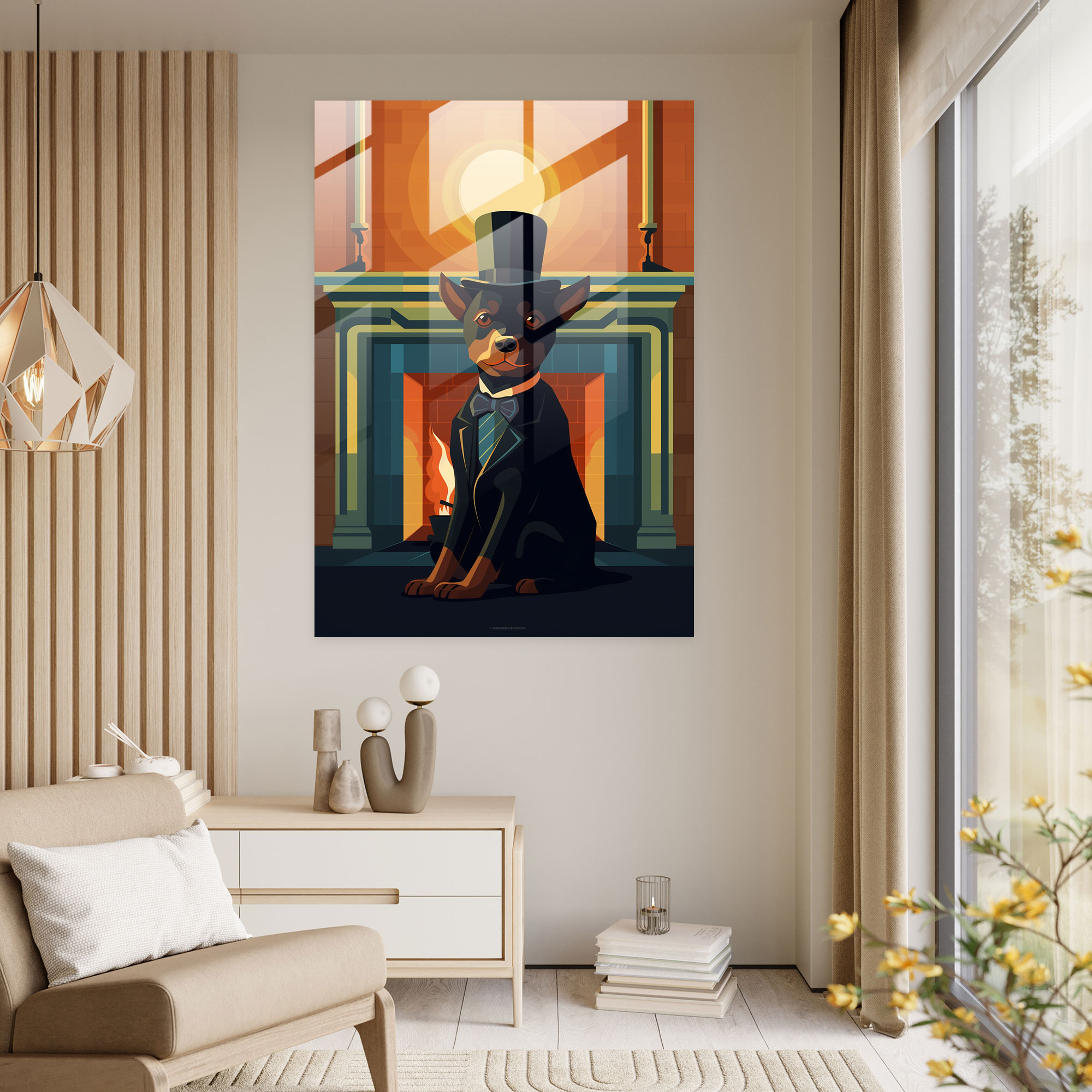 Dog Dressed Like Human Glass Print - Animals Dressed Like Humans, Fireplace, Home Decoration, Modern Art