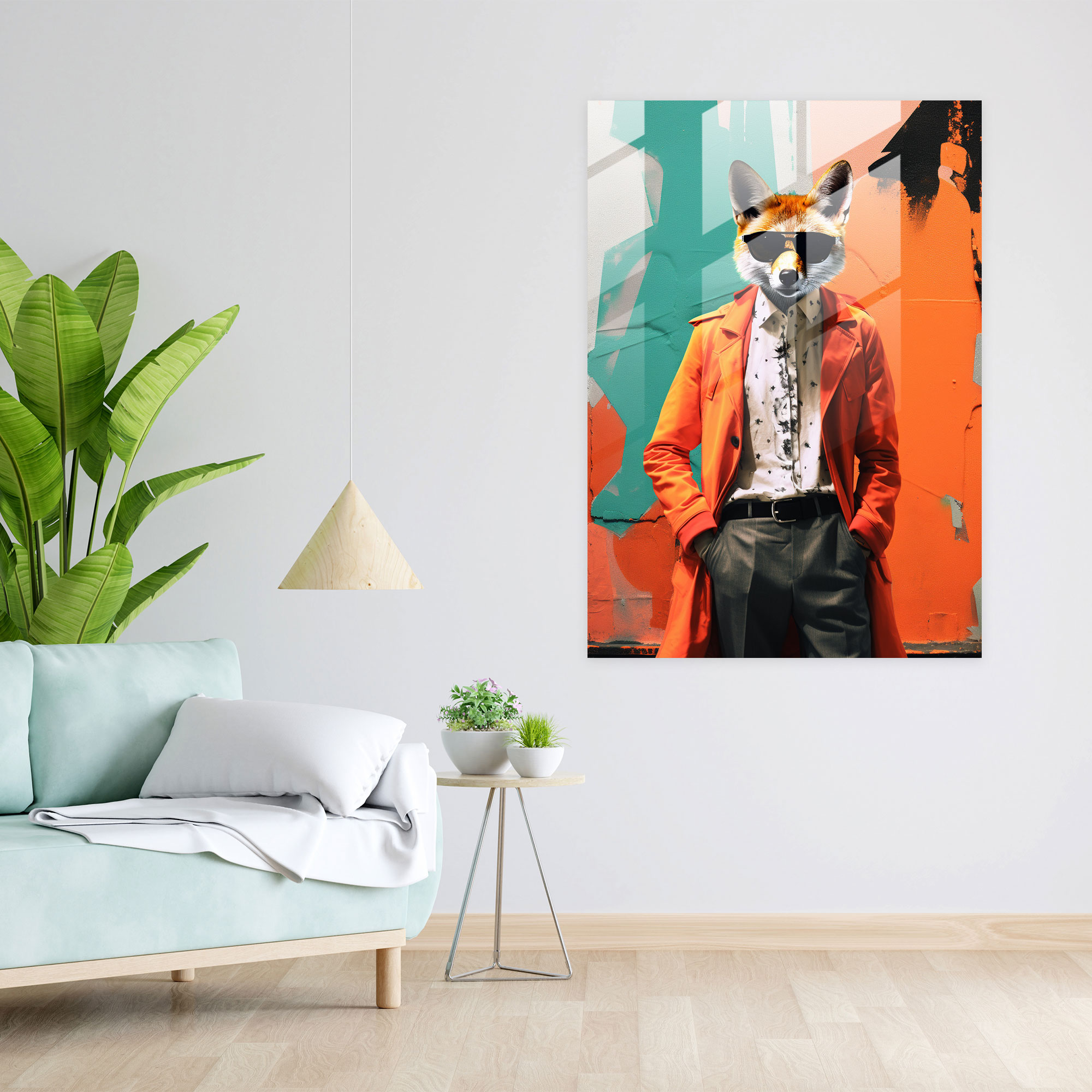 Fox Dressed Like Human Glass Print - Animals Dressed Like Humans, Street Art Mural, Contemporary Collage, Animals Dressed Like Humans