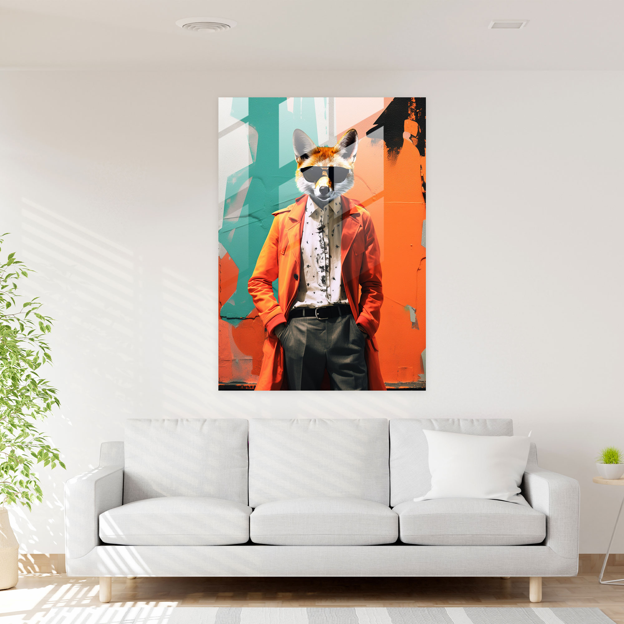 Fox Dressed Like Human Glass Print - Animals Dressed Like Humans, Street Art Mural, Contemporary Collage, Animals Dressed Like Humans