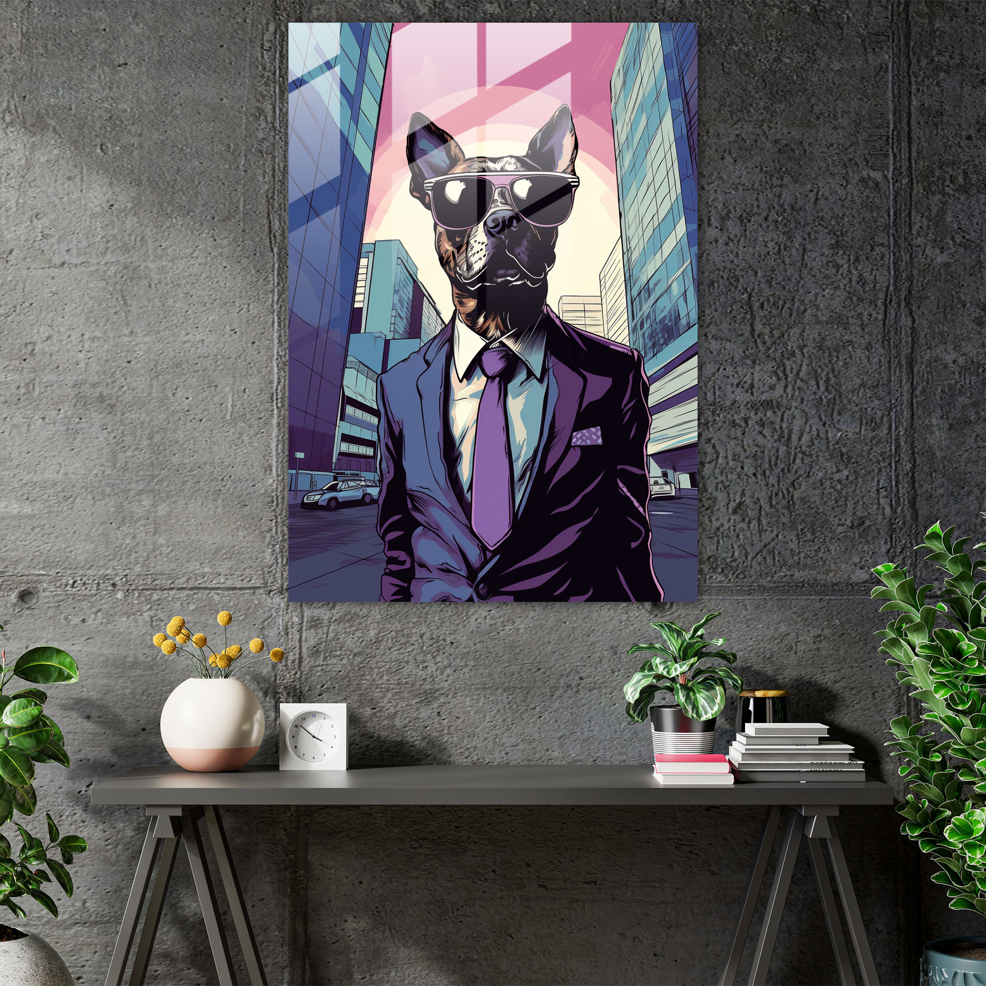 Pop Art Hayvanları Cam Duvar Sanatı - İnsanlar Gibi Giyinmiş Hayvanlar Duvar Dekorasyonu Şehir Sokak Takım Elbise