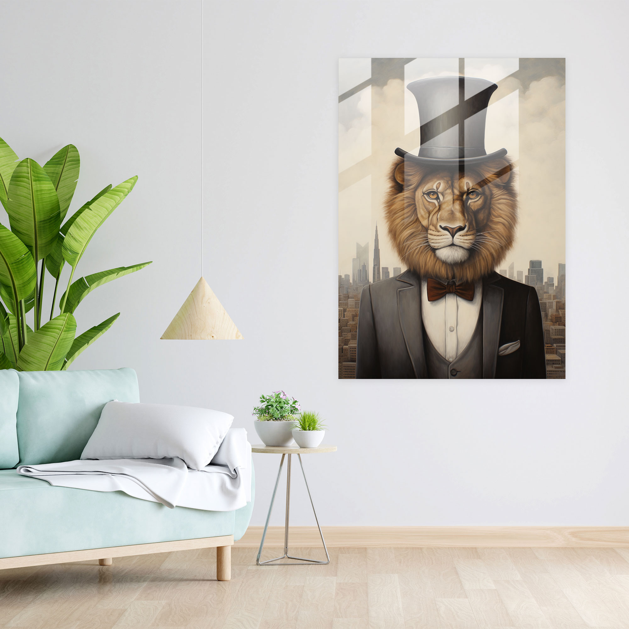 Lion Dressed Like Humans Glass Print - Animals Dressed Like Humans, Glass Wall Art, Wall Decoration, Home Decoration