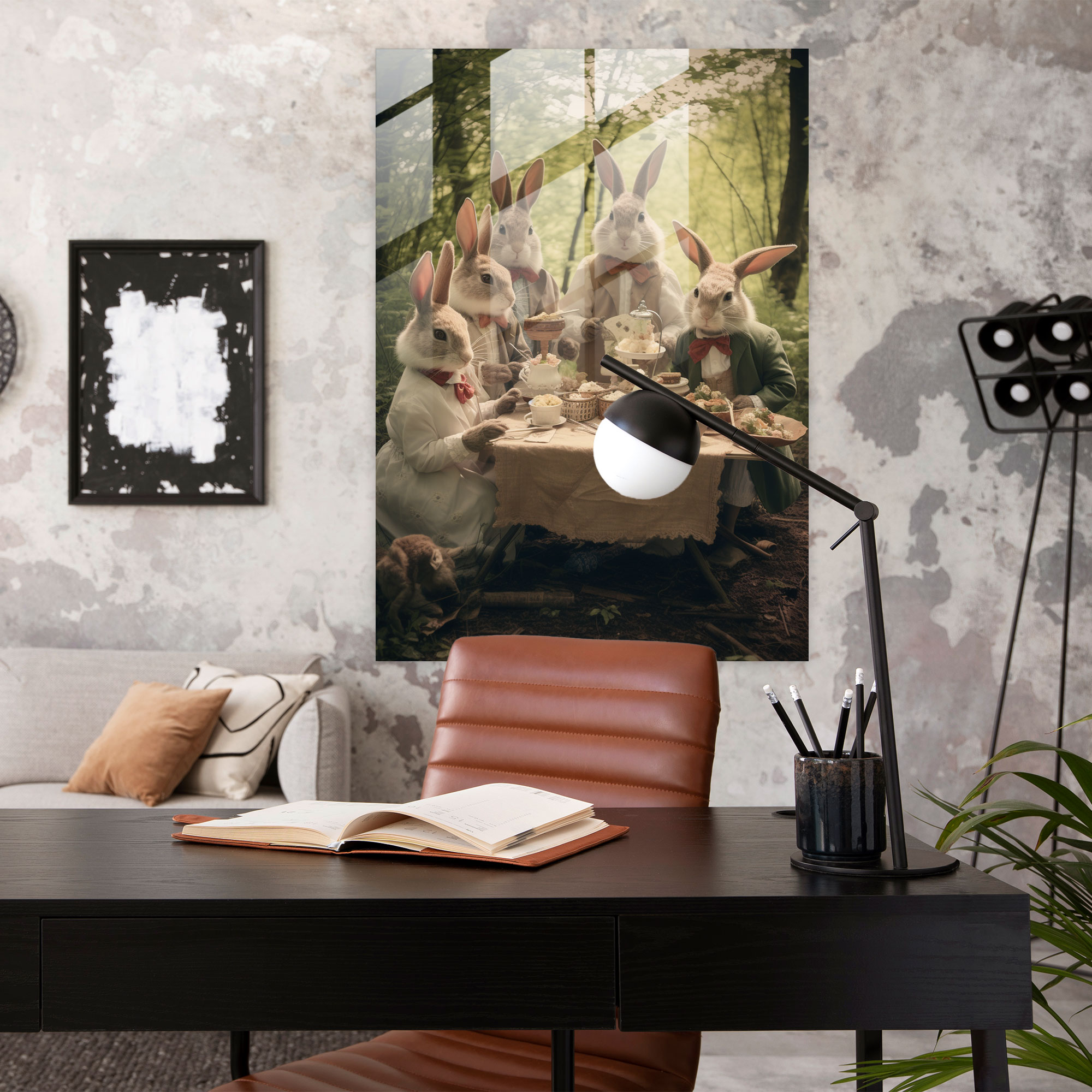 Tasarımıyla Dikkat Çeken Tavşanlar Kıyafetli İnsanlar Gibi Cam Tablo - Kıyafetli Hayvanlar Vintage Kıyafetler Modern Sanat Tavşanlar