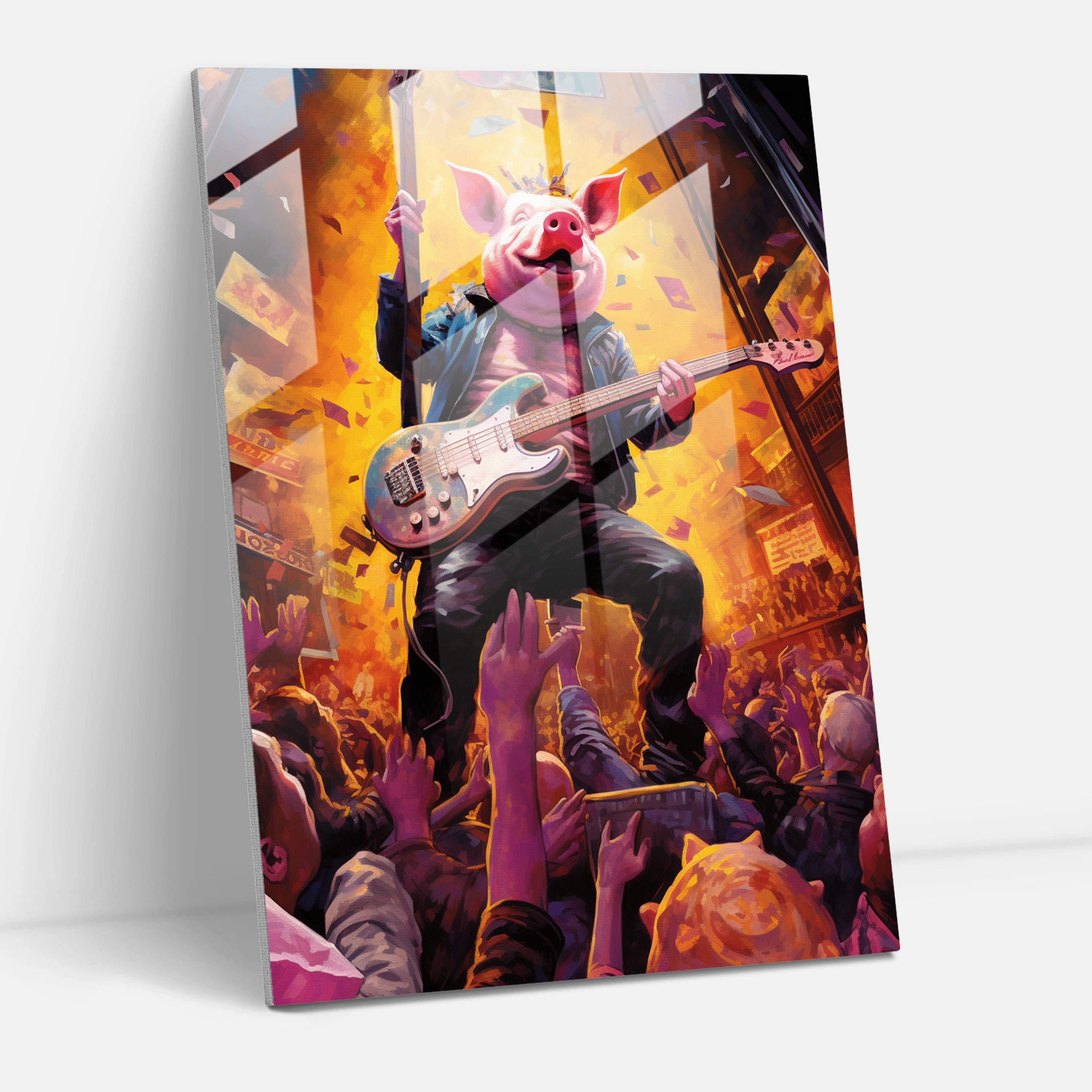 Pig Dressed Like Humans Glass Print - Animals Dressed Like Humans, Guitar, Animals Dressed Like Humans, Wall Decoration