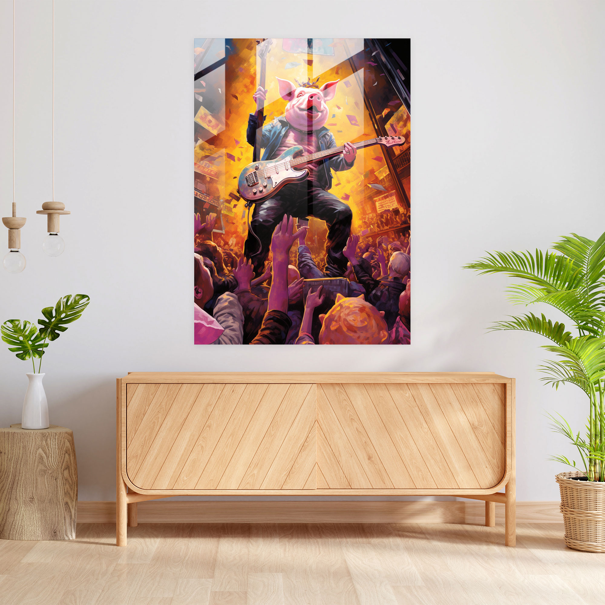 Pig Dressed Like Humans Glass Print - Animals Dressed Like Humans, Guitar, Animals Dressed Like Humans, Wall Decoration
