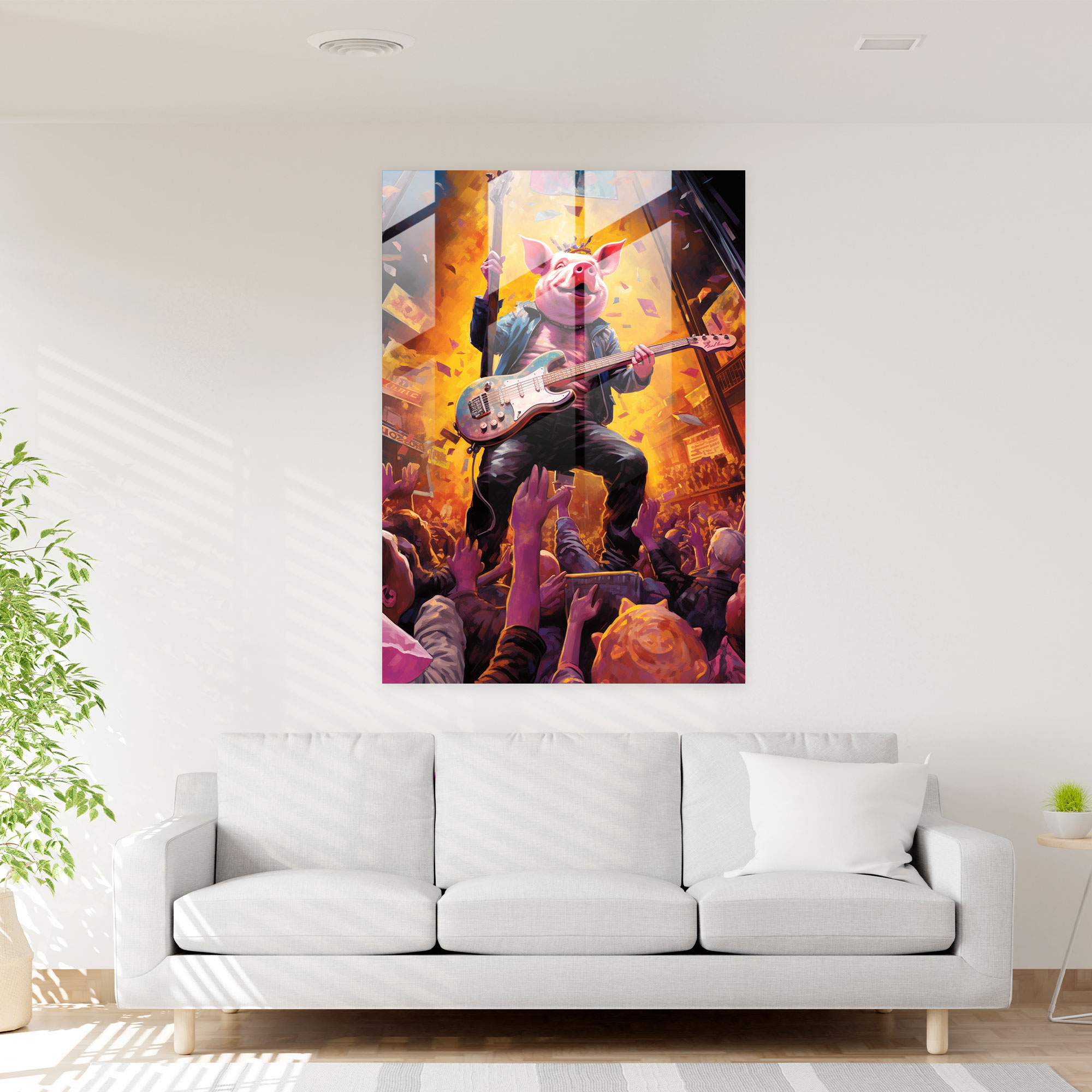 Pig Dressed Like Humans Glass Print - Animals Dressed Like Humans, Guitar, Animals Dressed Like Humans, Wall Decoration