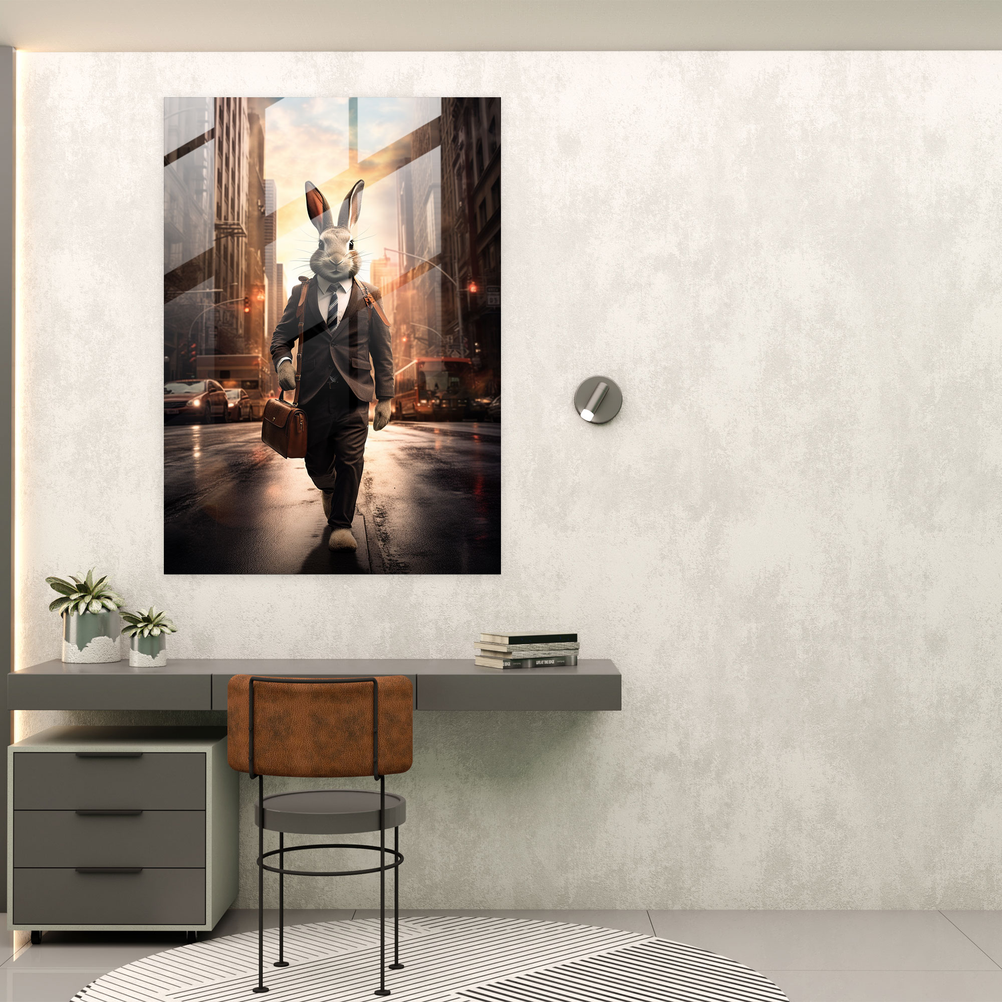 Animals Dressed Like Humans Wall Decoration - Animals Dressed Like Humans, Rabbit In A Business Suit, Busy City Street, Holding A Briefcase