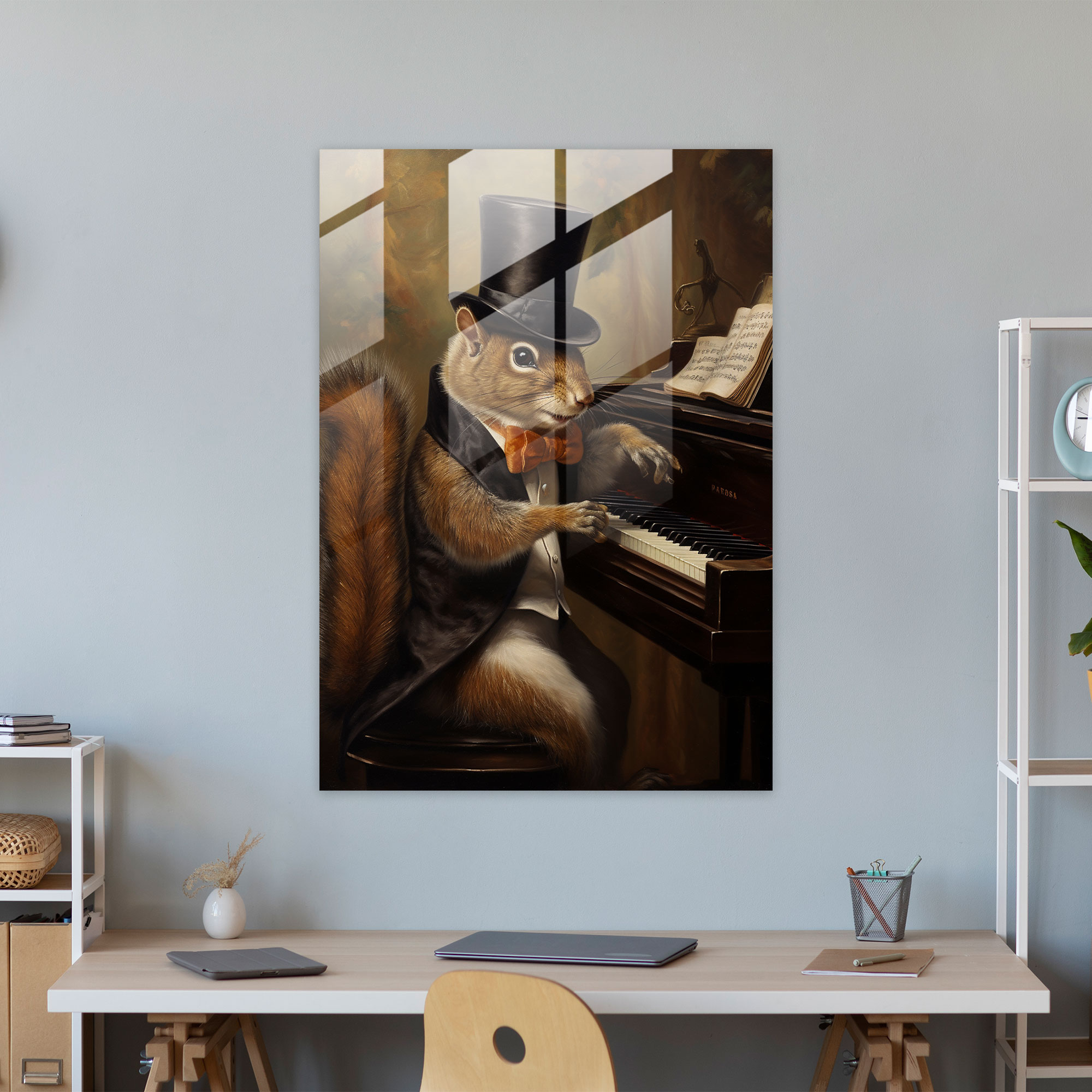 Hayvanlar İnsan Gibi Giyinmiş Cam Tablo - Modern Sanat Büyük Bir Piyano Çalan Hayvanlar Hayvanlar İnsan Gibi Giyinmiş