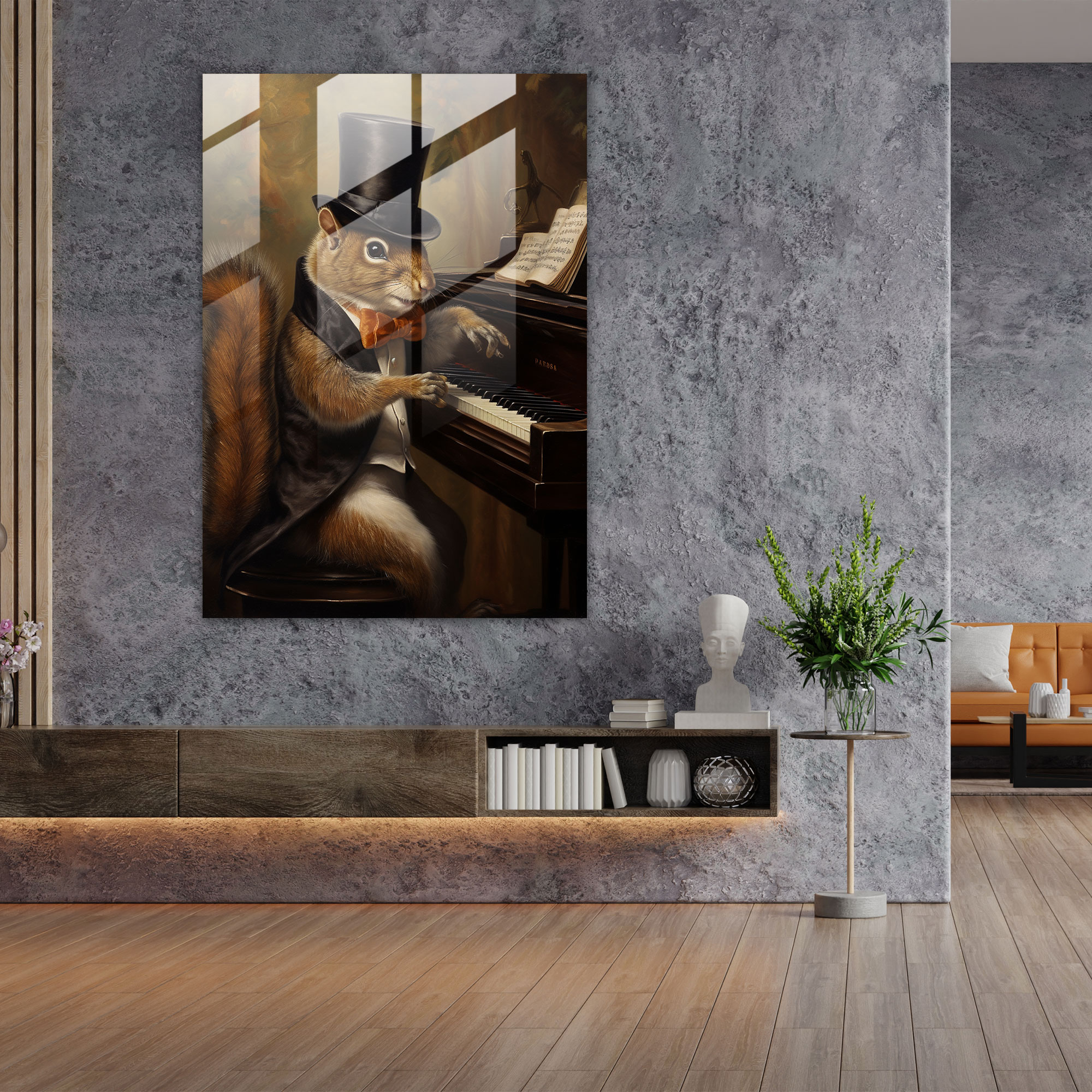 Hayvanlar İnsan Gibi Giyinmiş Cam Tablo - Modern Sanat Büyük Bir Piyano Çalan Hayvanlar Hayvanlar İnsan Gibi Giyinmiş