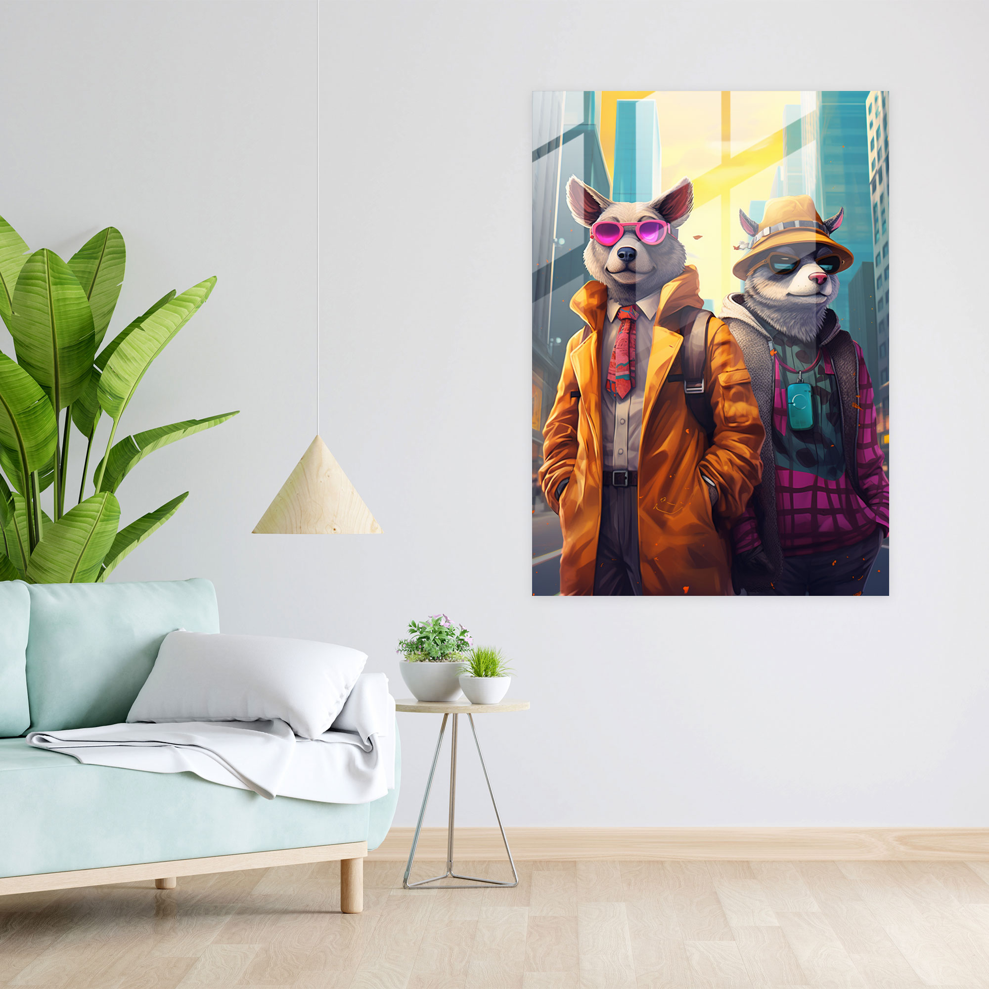 Animals Dressed Like Humans Glass Print - Animals Dressed Like Humans, City Setting, Home Decoration, Digital Illustration