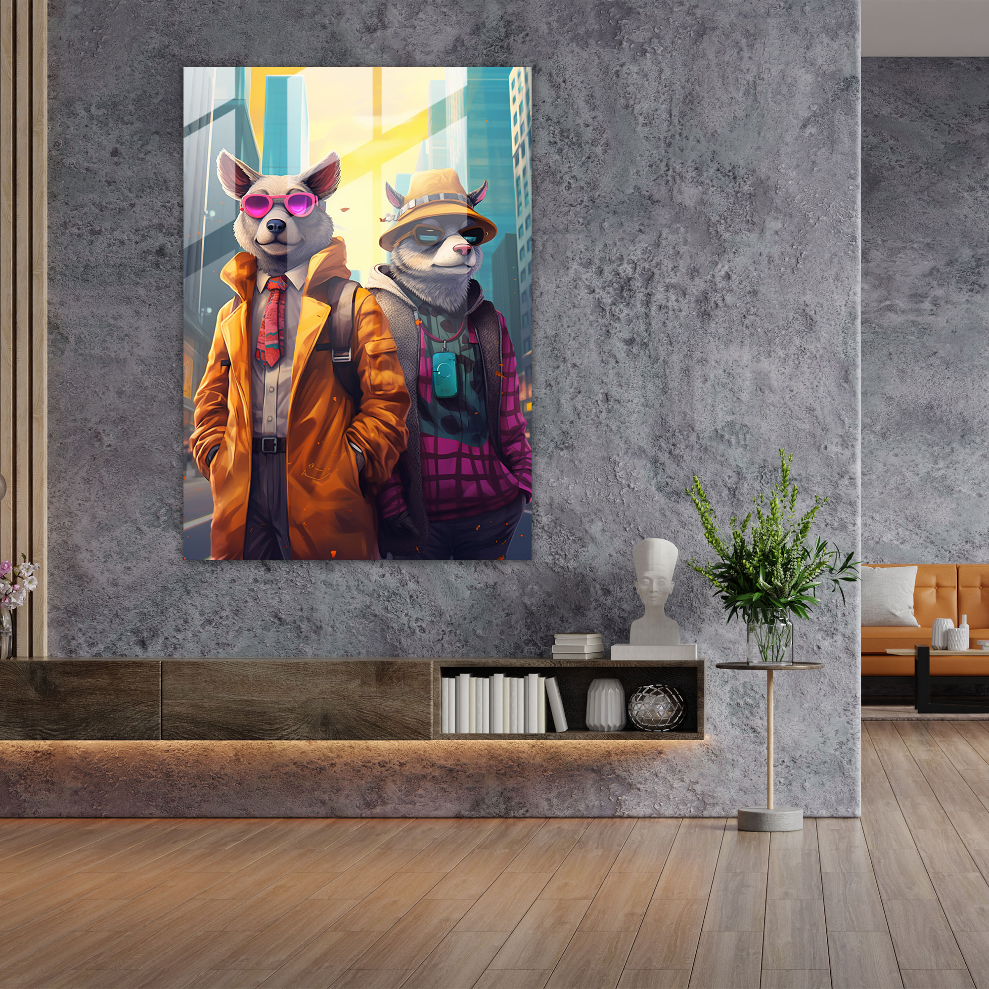 Animals Dressed Like Humans Glass Print - Animals Dressed Like Humans, City Setting, Home Decoration, Digital Illustration
