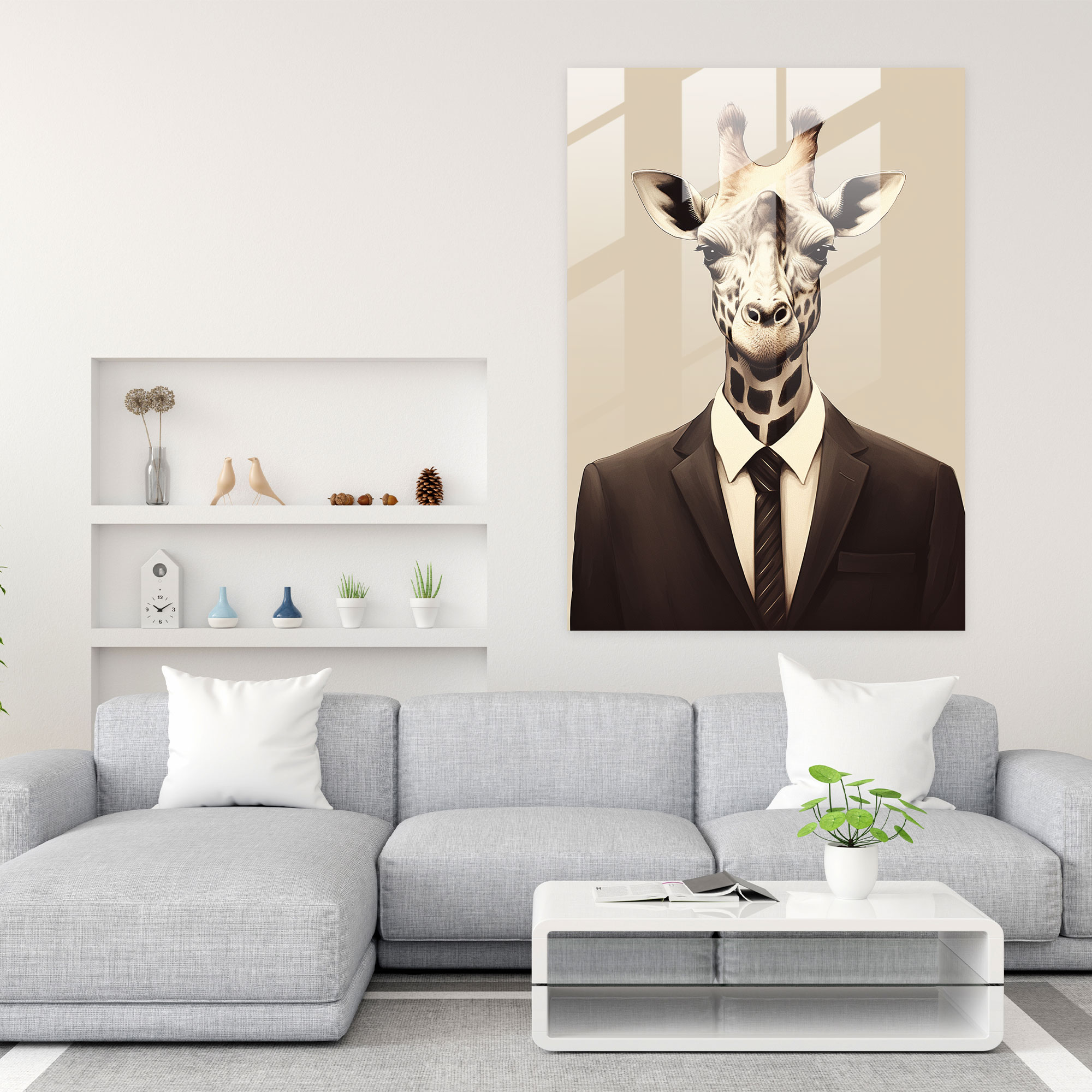Sophisticated Animals Cam Tablosu - İnsanlar Gibi Giyimli Hayvanlar Cam Sanat Minimalist İllüstrasyon Modern Sanat