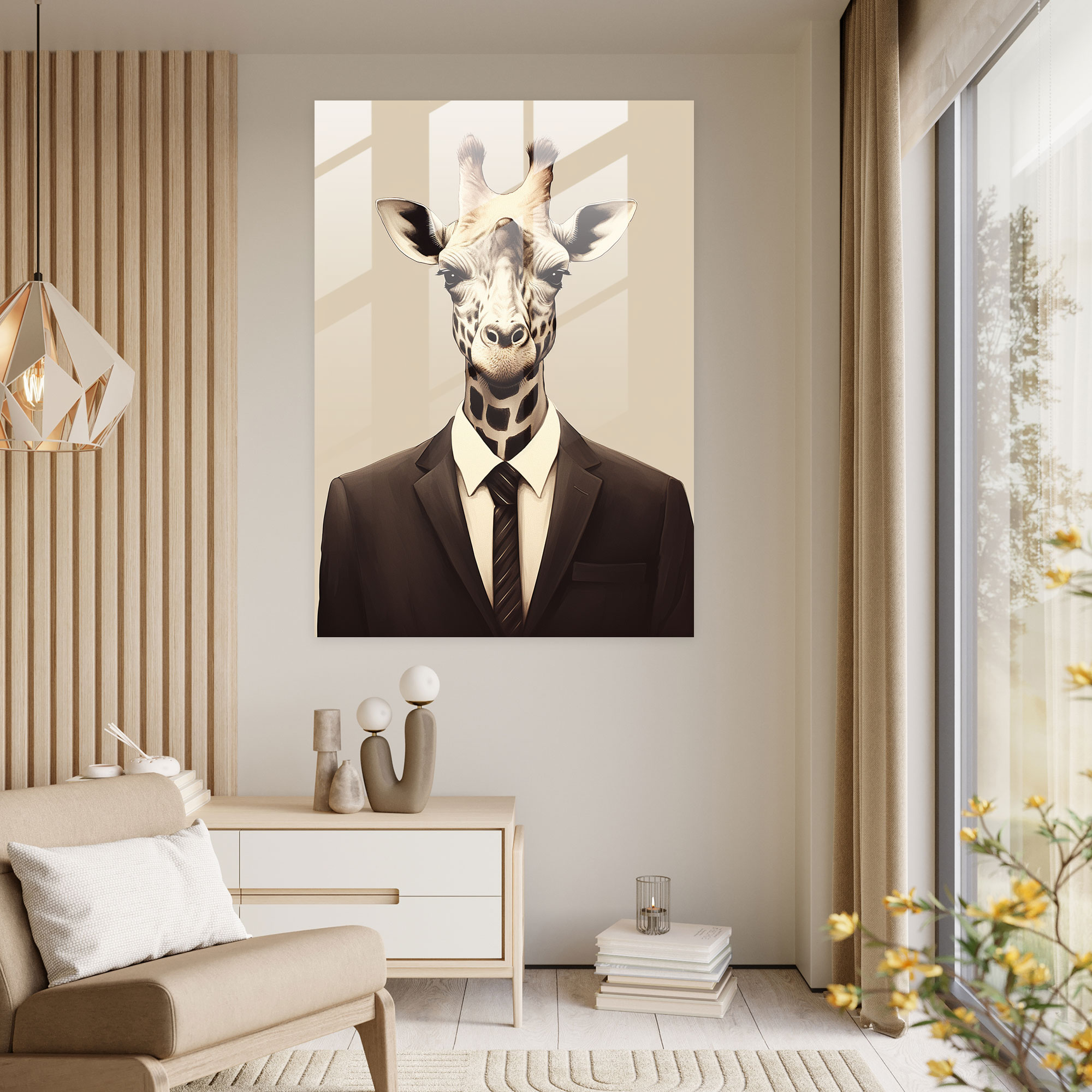 Sophisticated Animals Cam Tablosu - İnsanlar Gibi Giyimli Hayvanlar Cam Sanat Minimalist İllüstrasyon Modern Sanat