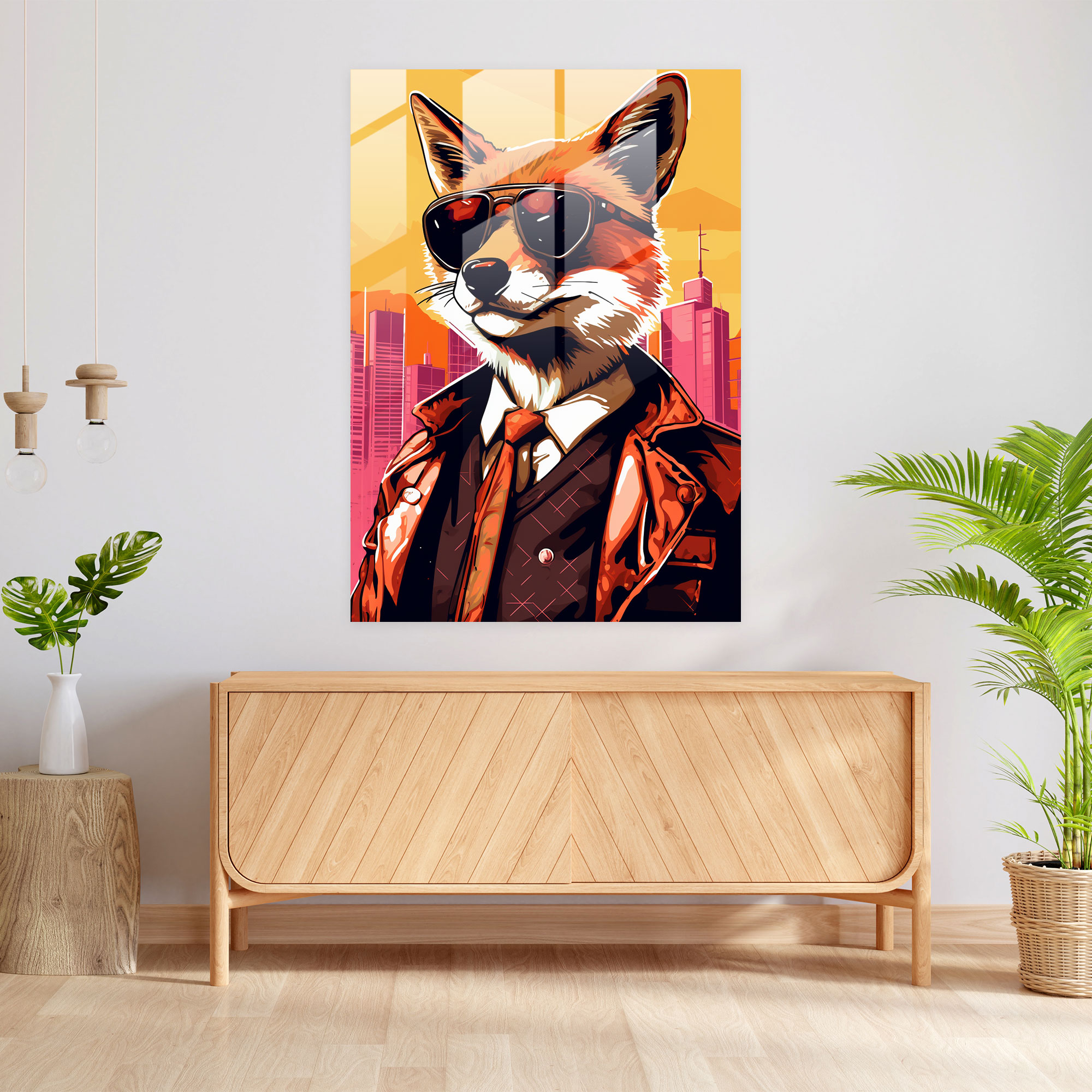 Animals Dressed Like Humans Glass Art - Animals Dressed Like Humans, Cityscape Backdrop, Glass Print, Glass Wall Art