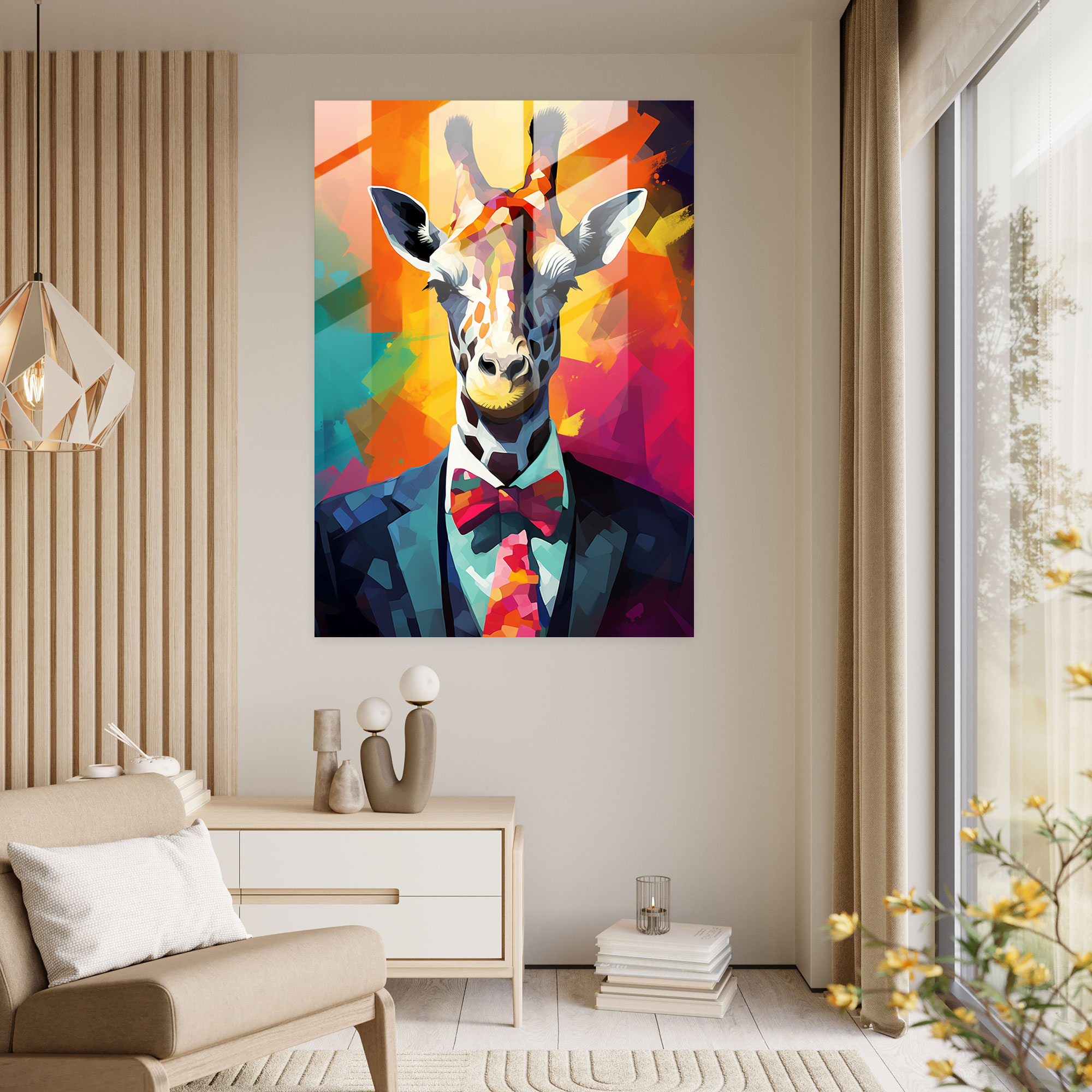 Animals Dressed Like Humans Home Decoration - Animals Dressed Like Humans, Giraffe Wearing A Tuxedo And Looking Dapper, Contemporary Digital Painting, Glass Wall Art