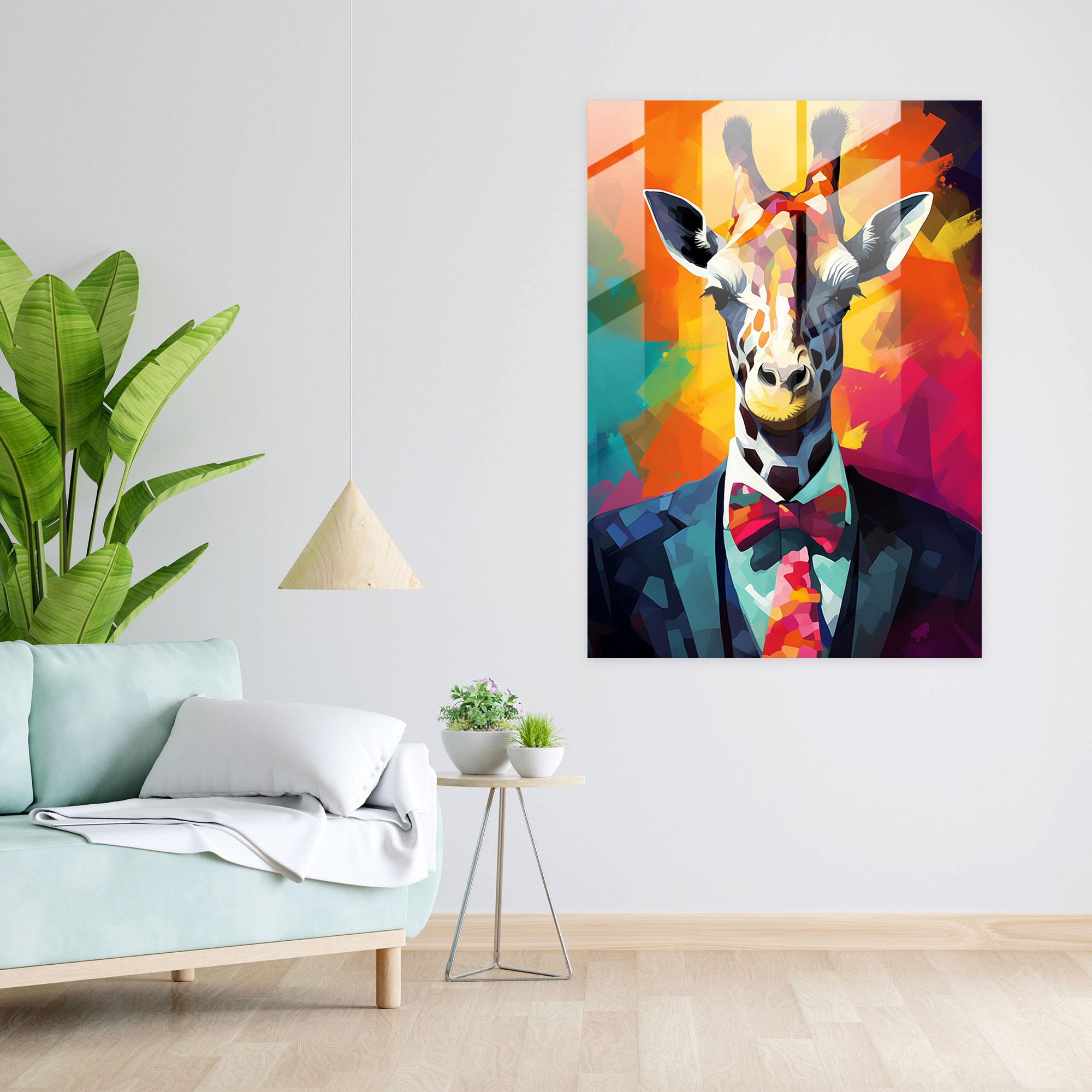 Animals Dressed Like Humans Home Decoration - Animals Dressed Like Humans, Giraffe Wearing A Tuxedo And Looking Dapper, Contemporary Digital Painting, Glass Wall Art