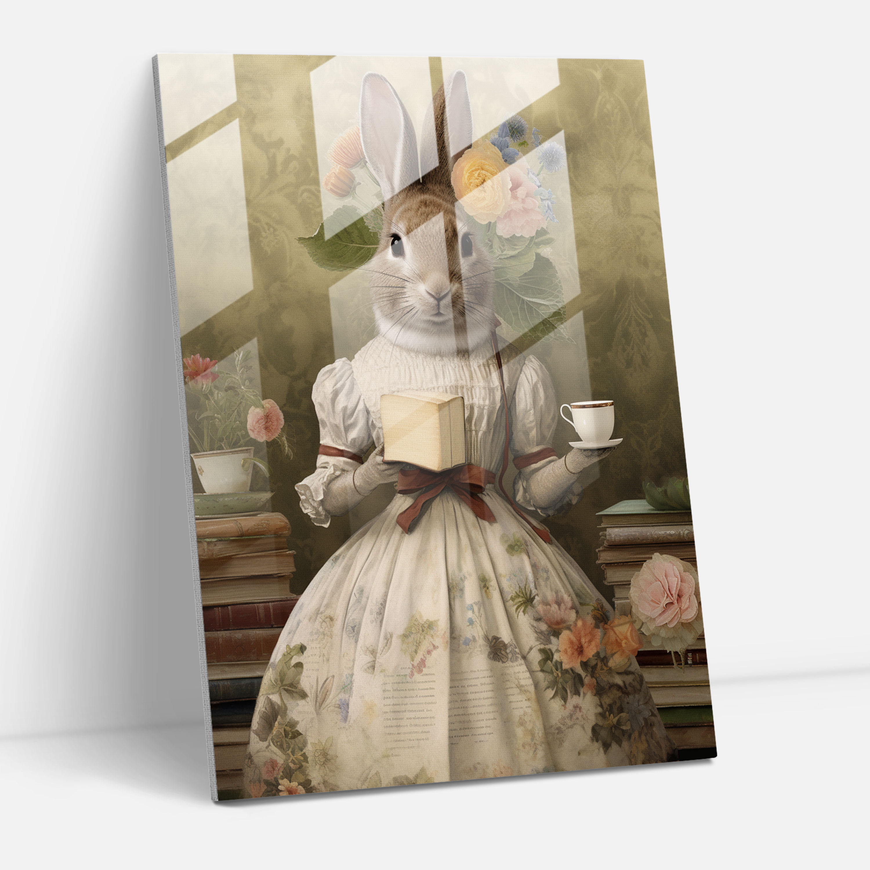 Animals Dressed Like Humans Glass Art - Animals Dressed Like Humans, Modern Art, Antique Teacups And Books, Glass Art