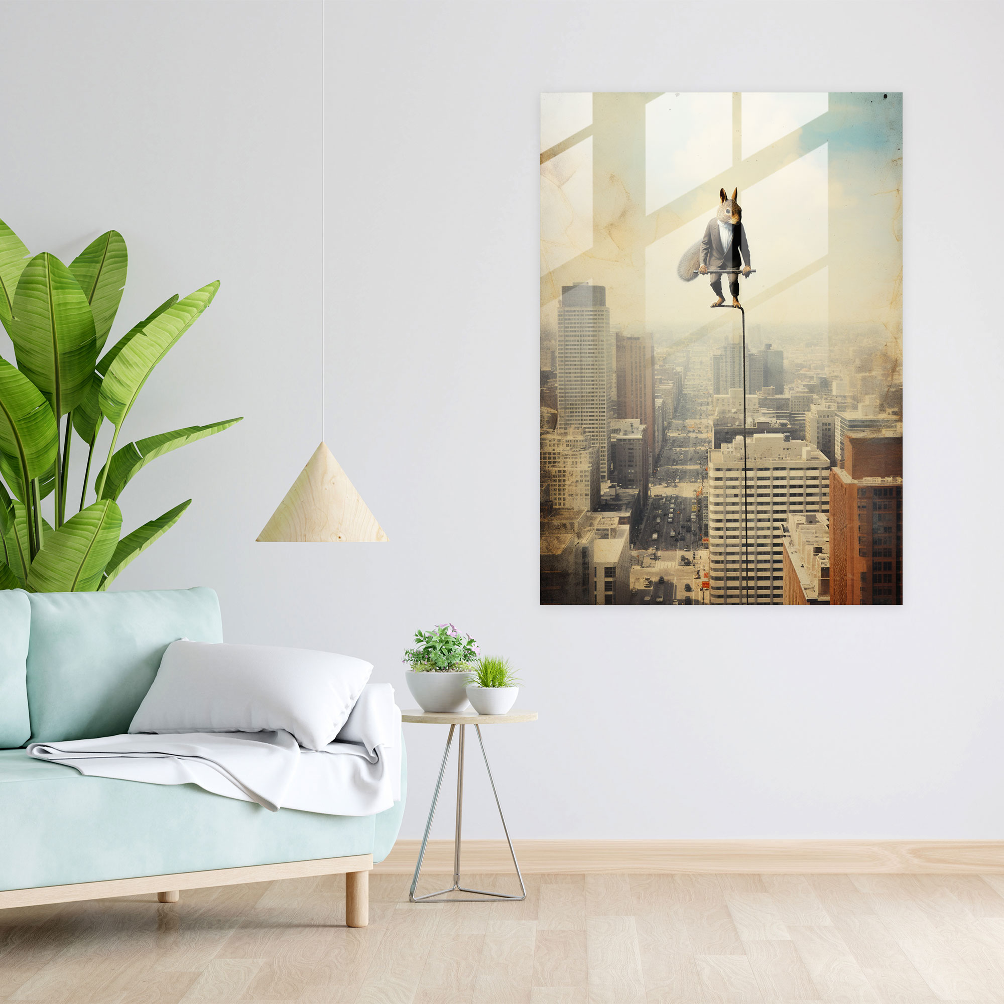 Animals Dressed Like Humans Glass Wall Art - Animals Dressed Like Humans, Wall Decoration, Walking On A Tightrope High Above The City, Glass Art