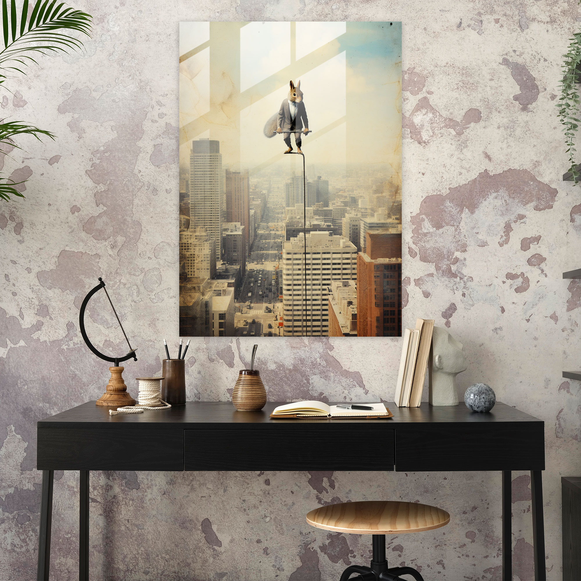 Animals Dressed Like Humans Glass Wall Art - Animals Dressed Like Humans, Wall Decoration, Walking On A Tightrope High Above The City, Glass Art