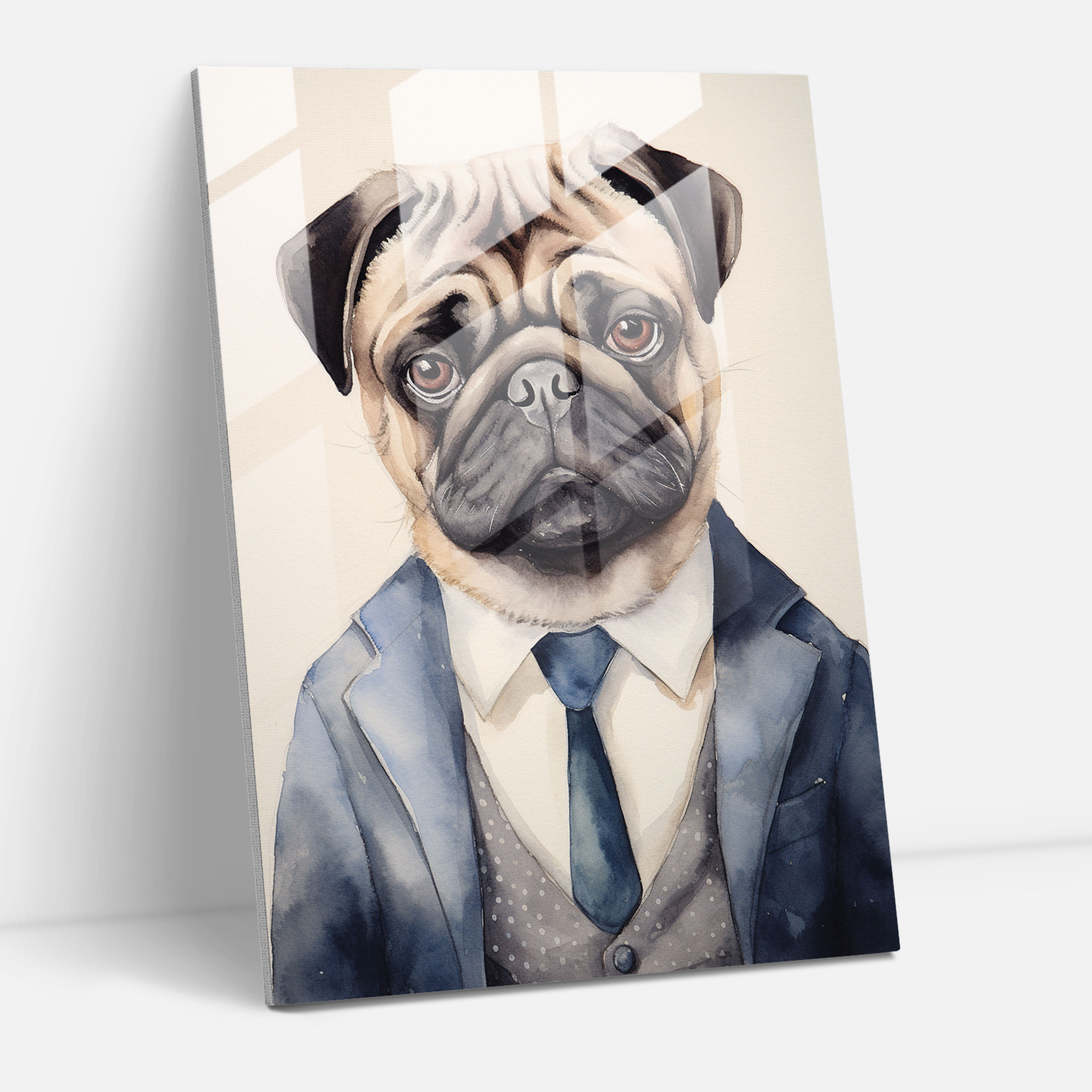 Dapper Dog Glass Print - Animals Dressed Like Humans, Watercolor Portrait, Wall Decoration, Glass Art