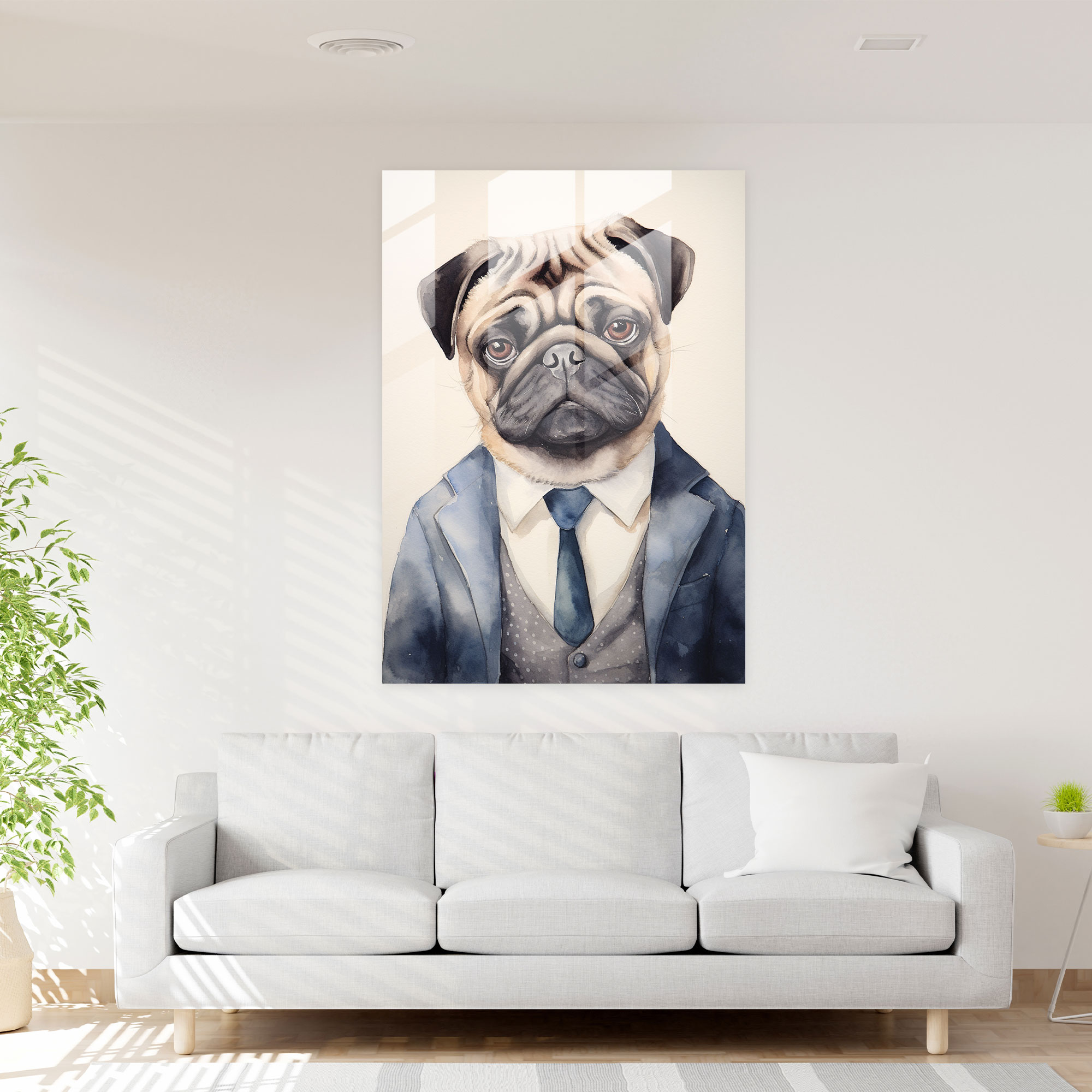 Dapper Dog Glass Print - Animals Dressed Like Humans, Watercolor Portrait, Wall Decoration, Glass Art