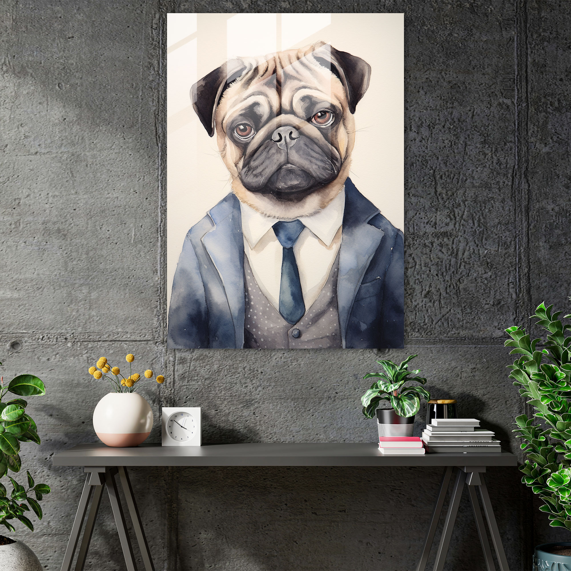 Dapper Dog Glass Print - Animals Dressed Like Humans, Watercolor Portrait, Wall Decoration, Glass Art