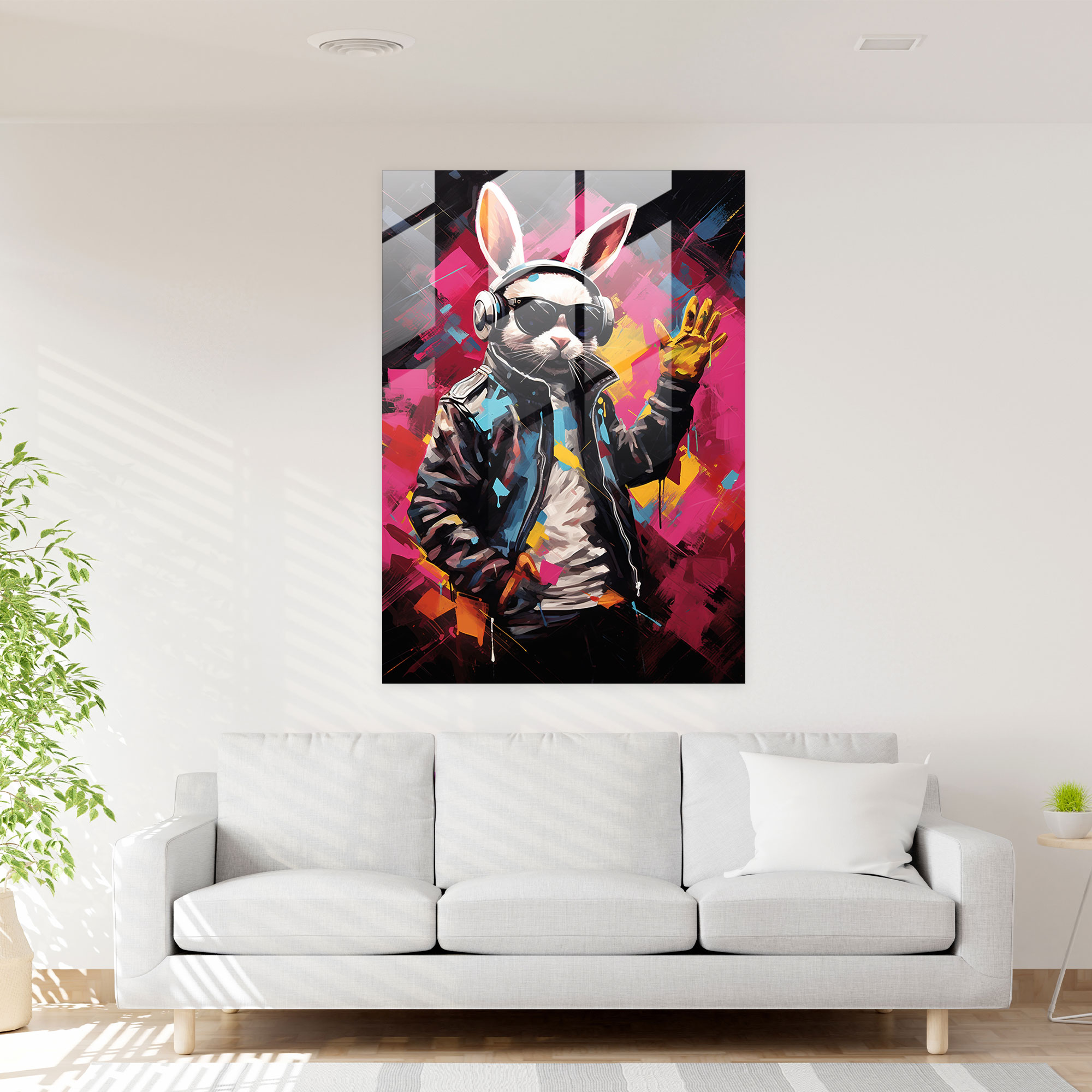 Hip Hop Hare Glass Print - Animals Dressed Like Humans, Pop Art Inspired Painting, Glass Art, Modern Art