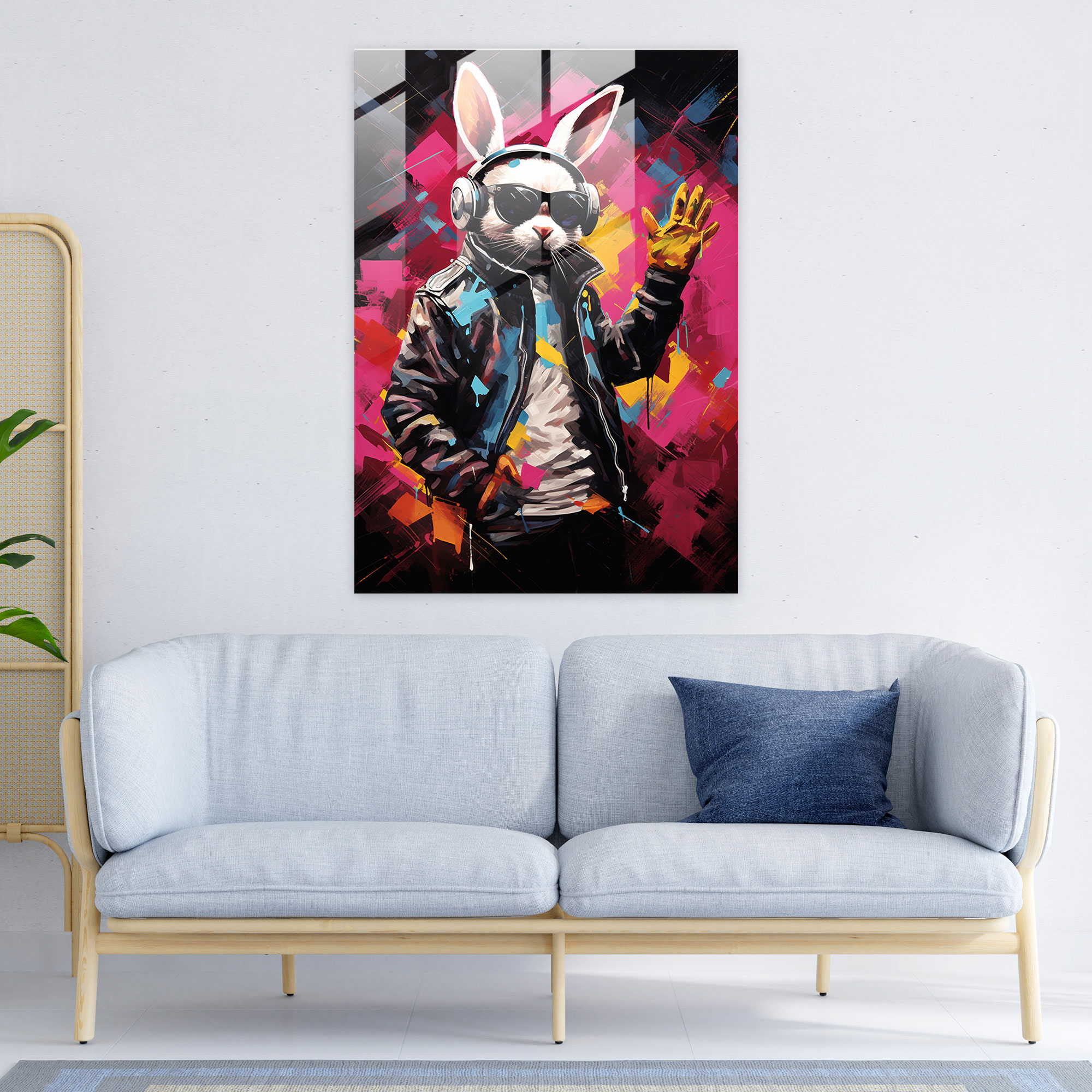 Hip Hop Hare Glass Print - Animals Dressed Like Humans, Pop Art Inspired Painting, Glass Art, Modern Art