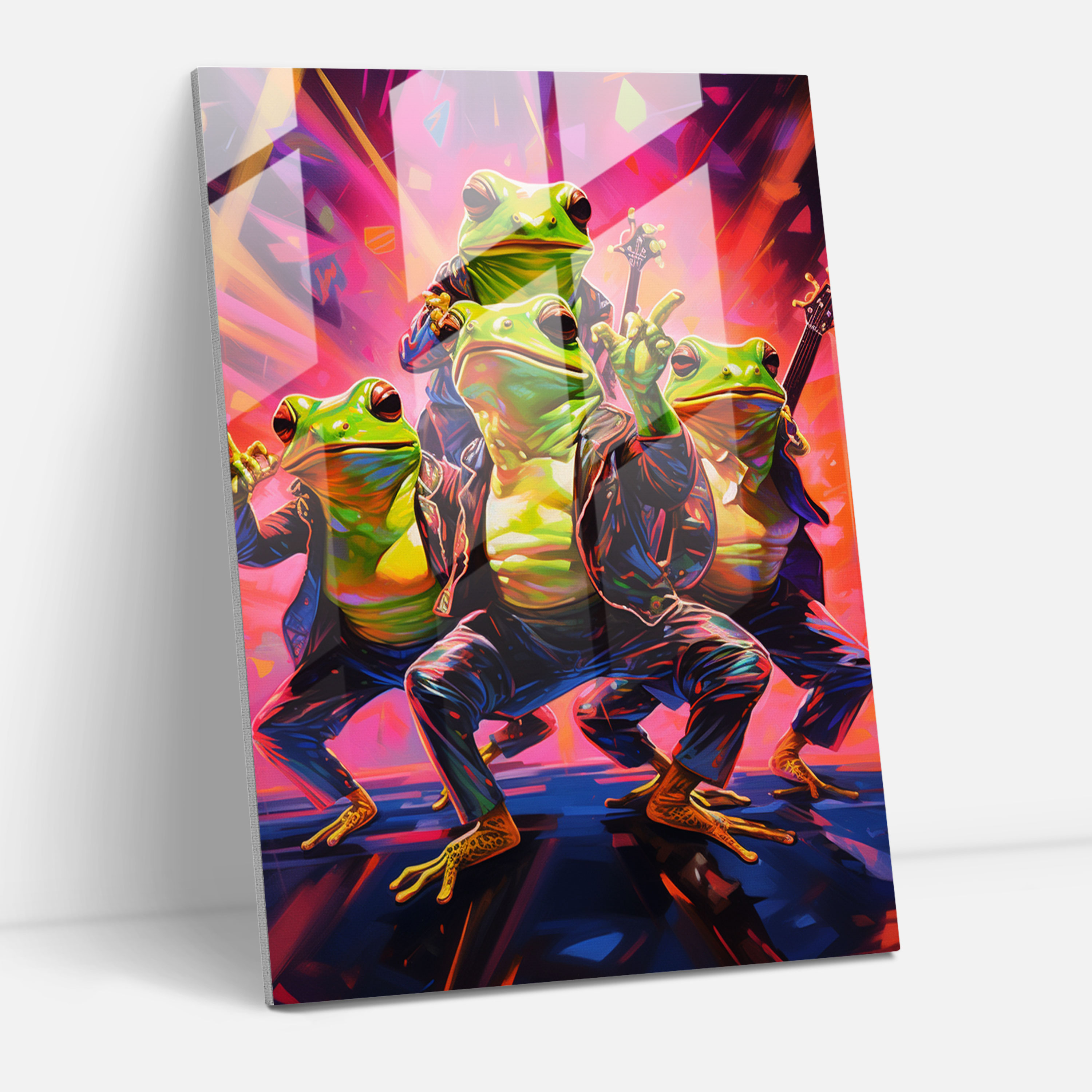 Rockin' Frogs Cam Tablo - Hayvanlar İnsanlar Gibi Giyinmiş Cam Duvar Sanatı Ev Dekorasyonu
