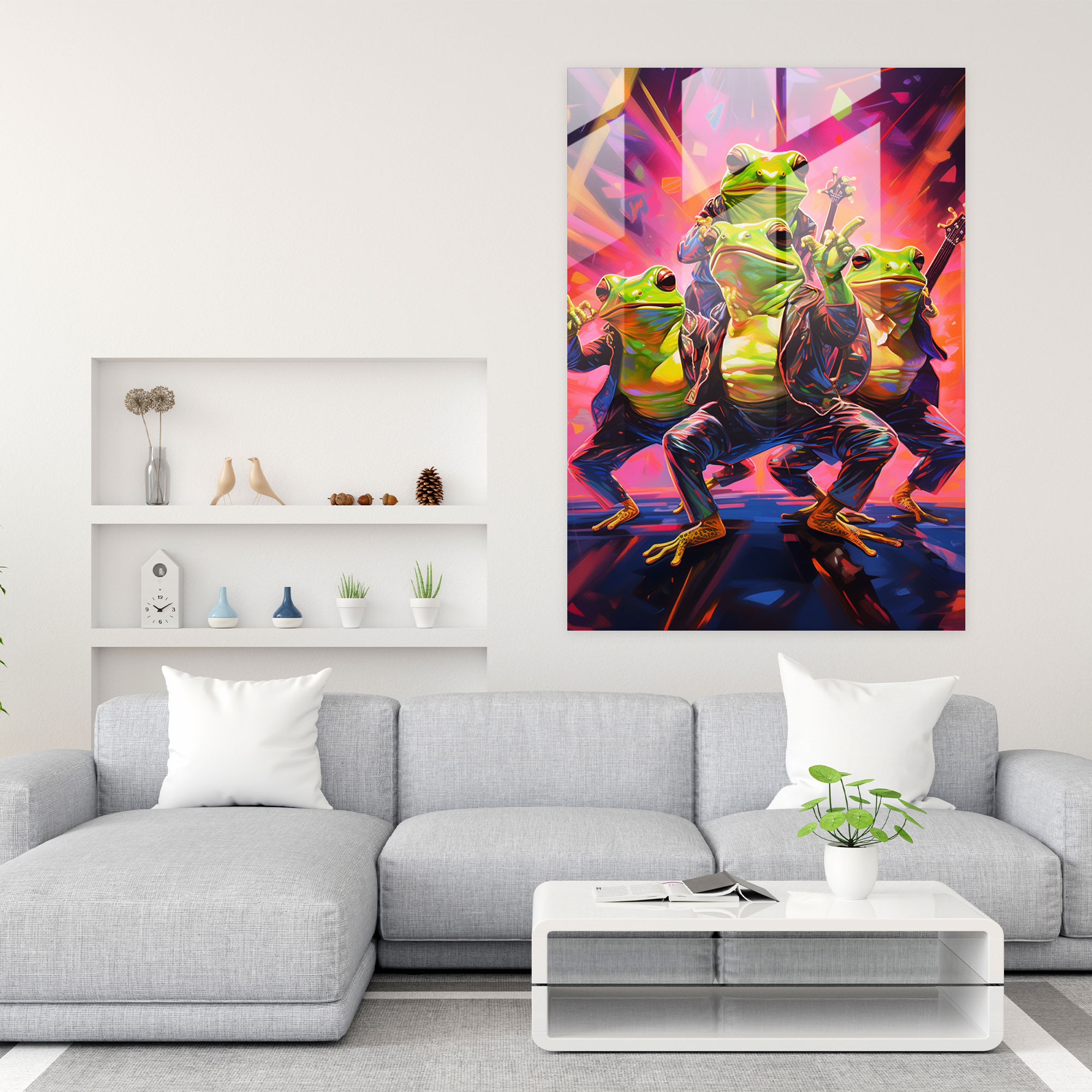 Rockin' Frogs Cam Tablo - Hayvanlar İnsanlar Gibi Giyinmiş Cam Duvar Sanatı Ev Dekorasyonu