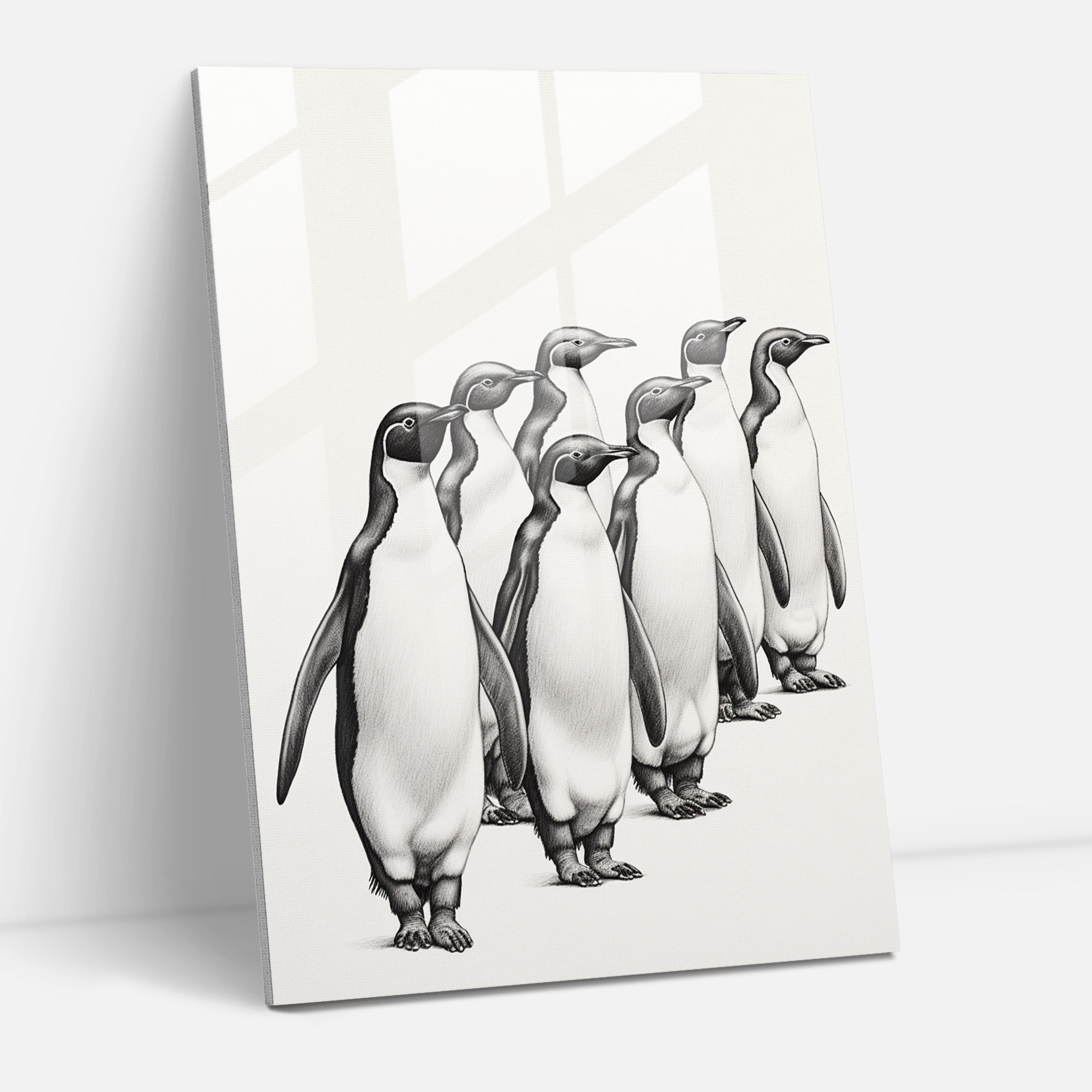 Penguin Parade Cam Tablo - Hayvanlar İnsan Giysileri Giymiş Modern Sanat Duvar Dekorasyonu