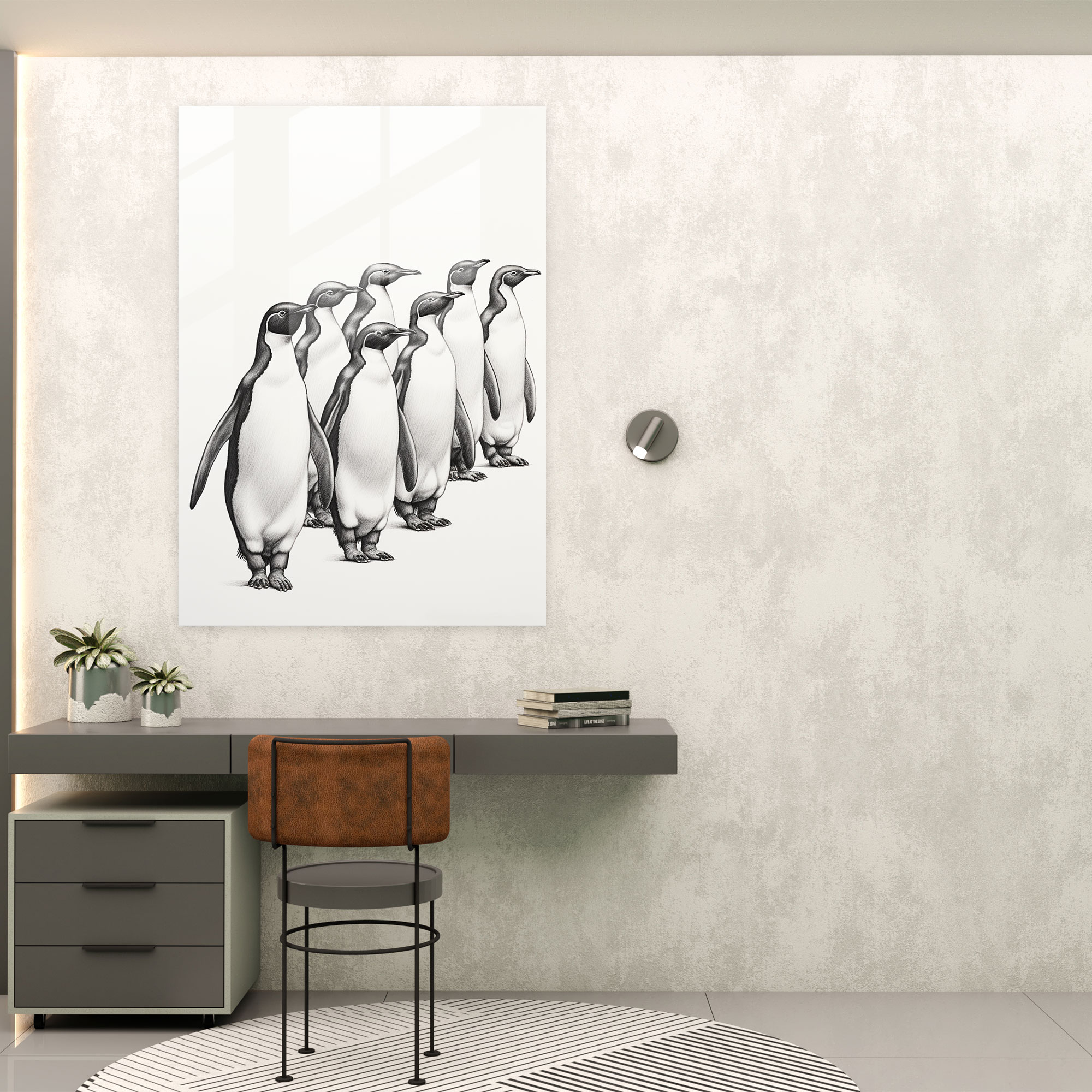Penguin Parade Cam Tablo - Hayvanlar İnsan Giysileri Giymiş Modern Sanat Duvar Dekorasyonu