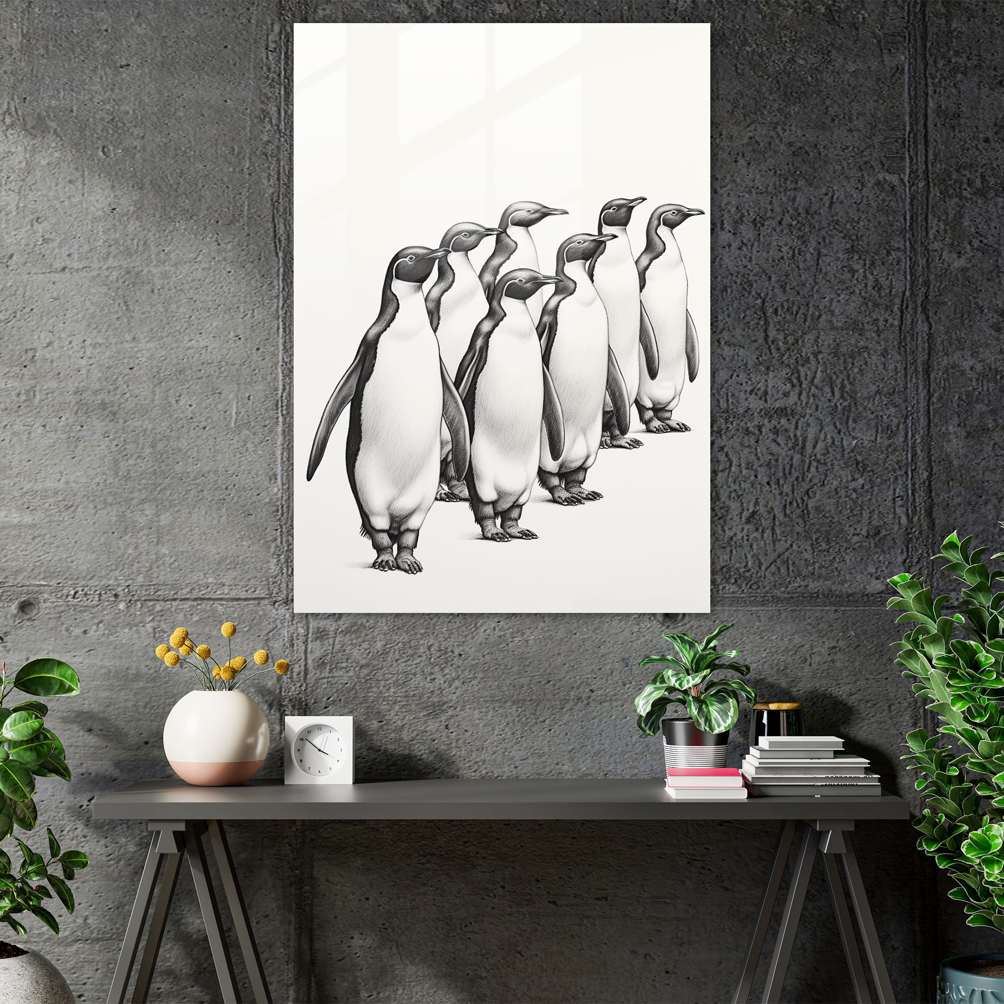 Penguin Parade Cam Tablo - Hayvanlar İnsan Giysileri Giymiş Modern Sanat Duvar Dekorasyonu