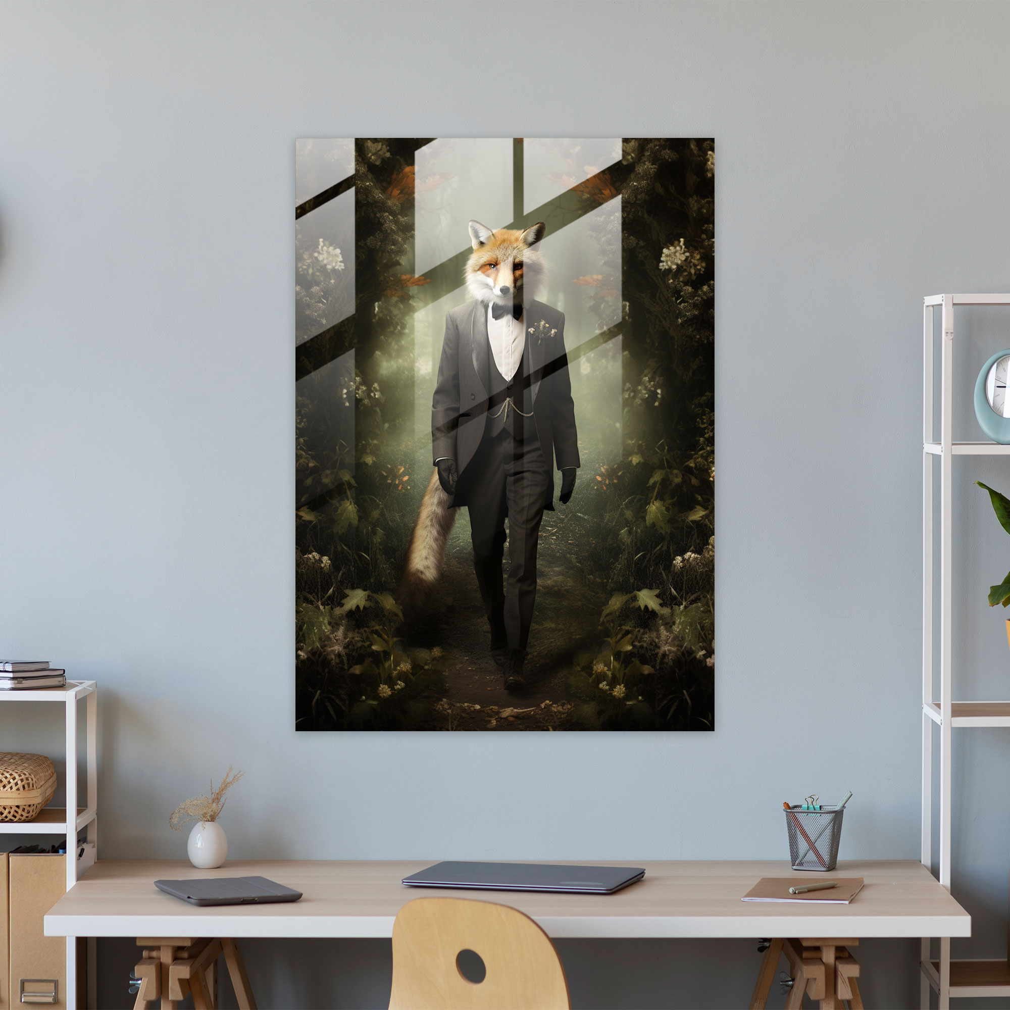 Fantastical Fox Glass Print - Animals Dressed Like Humans, Glass Art, Animals Dressed Like Humans, Tuxedo