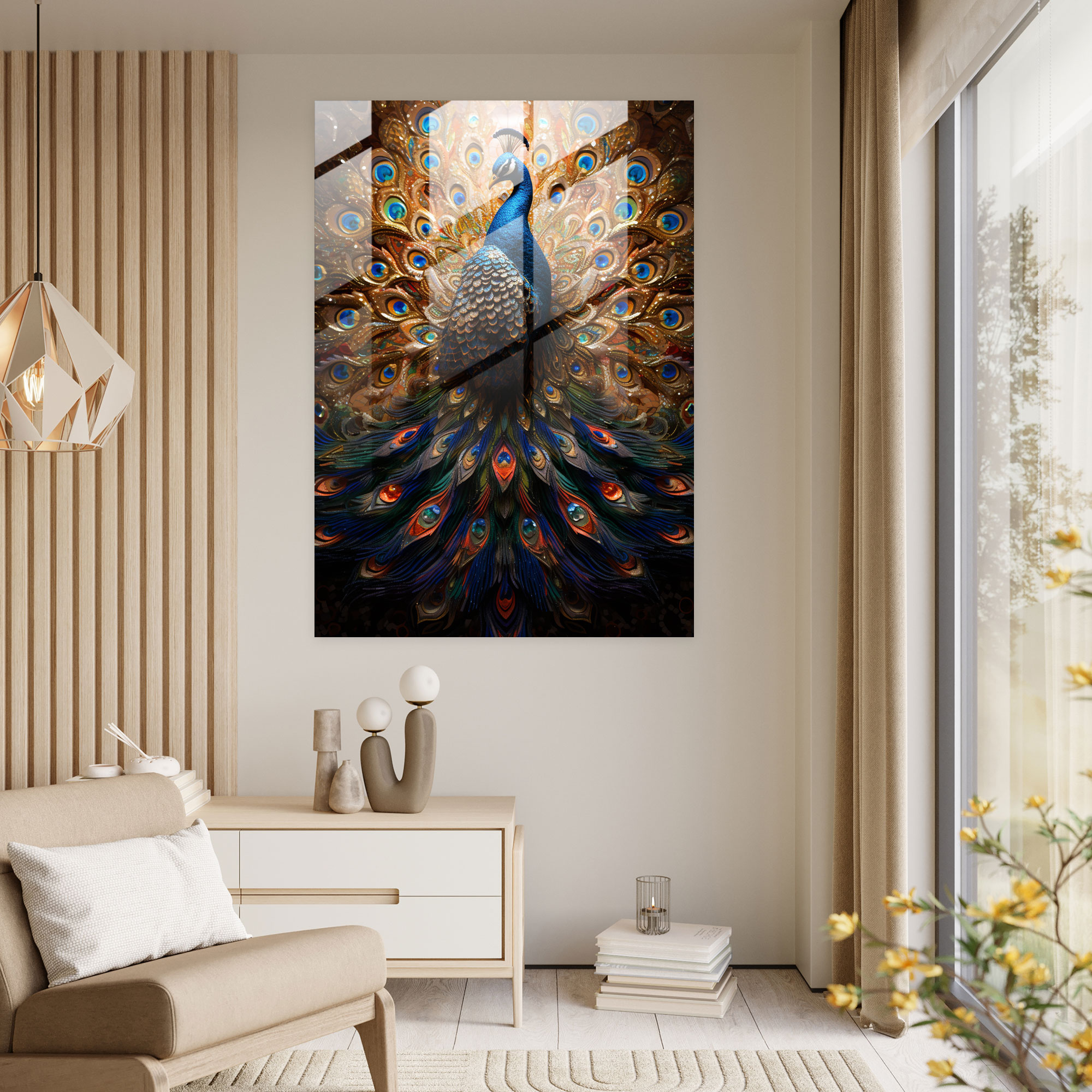 Extravagant Peacock Glass Wall Art - Animals Dressed Like Humans, Wall Decoration, Colorful Mosaic, Modern Art