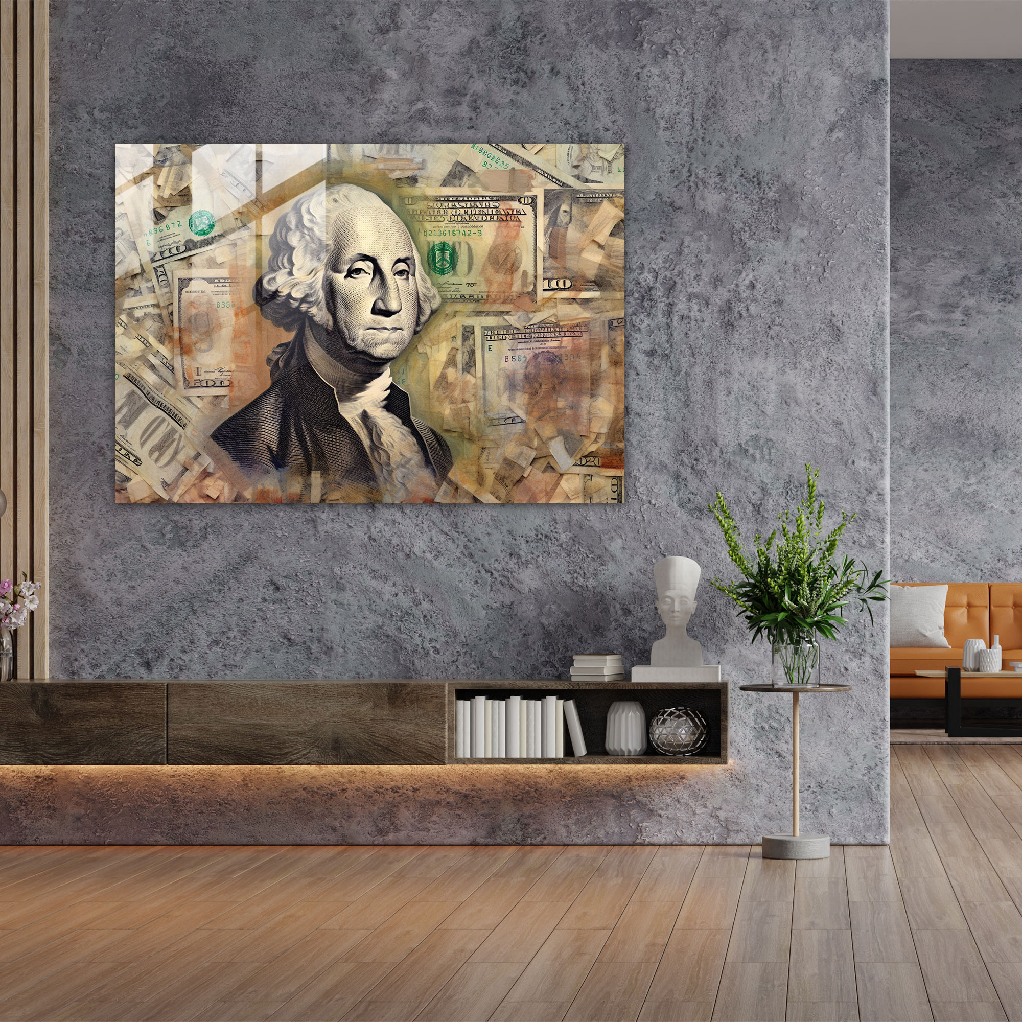 George Washington Cam Tablosu - Amerikan Express Para Notları Cam Sanatı Cam Tablosu