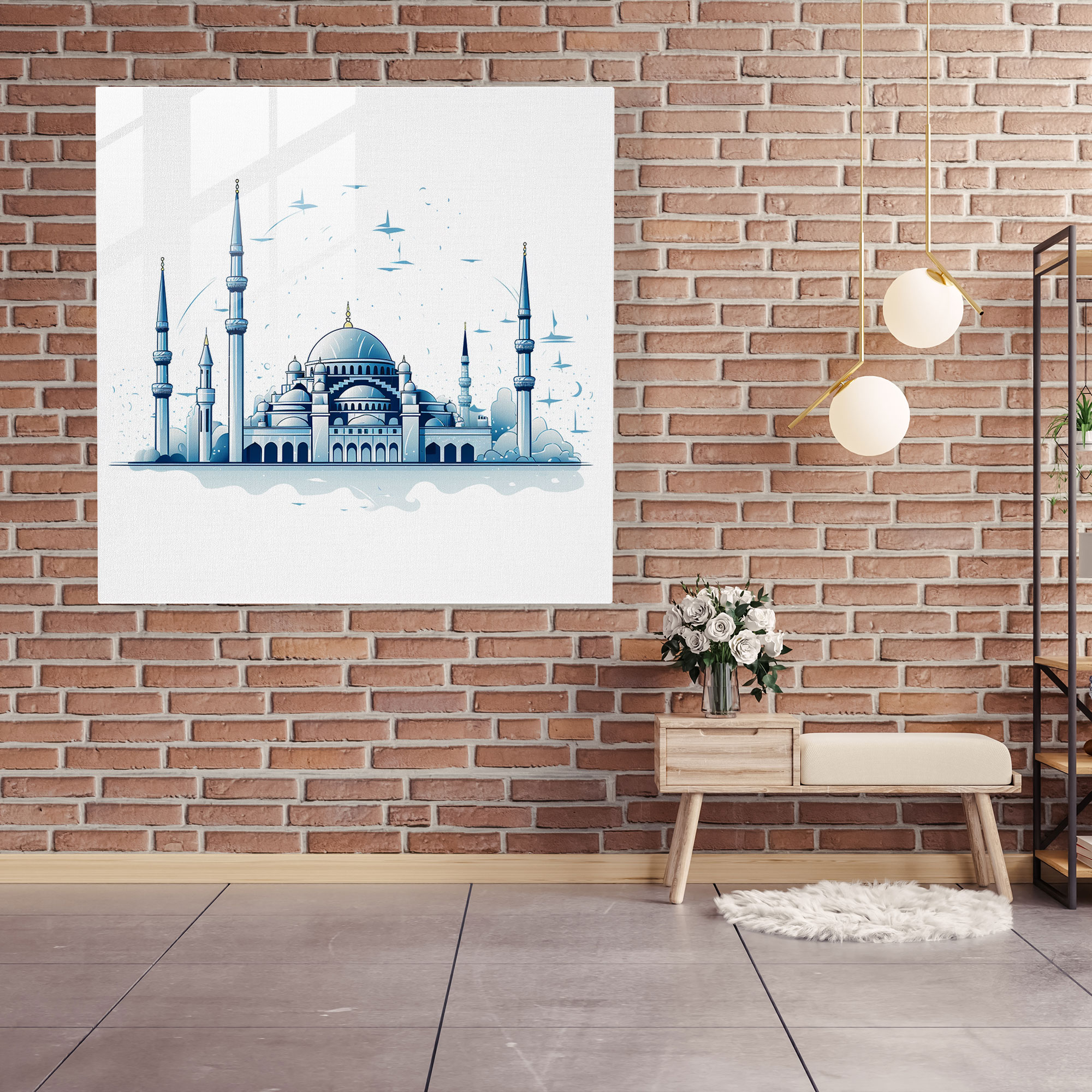 Anadolu Minimalist Cam Tablo - Anadolu Sultanahmet Camii Temiz Beyaz Arka Fon Zarafet